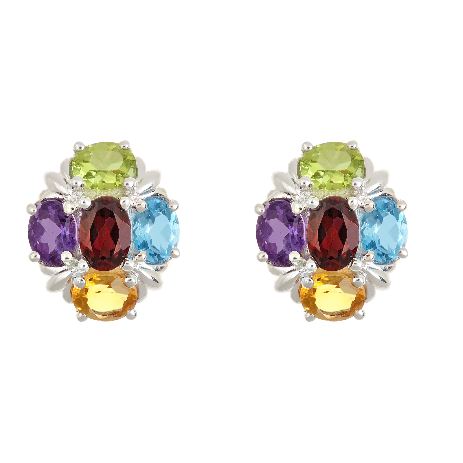 Ladies Sterling Silver Multi-Colored Gemstone Cluster Earrings