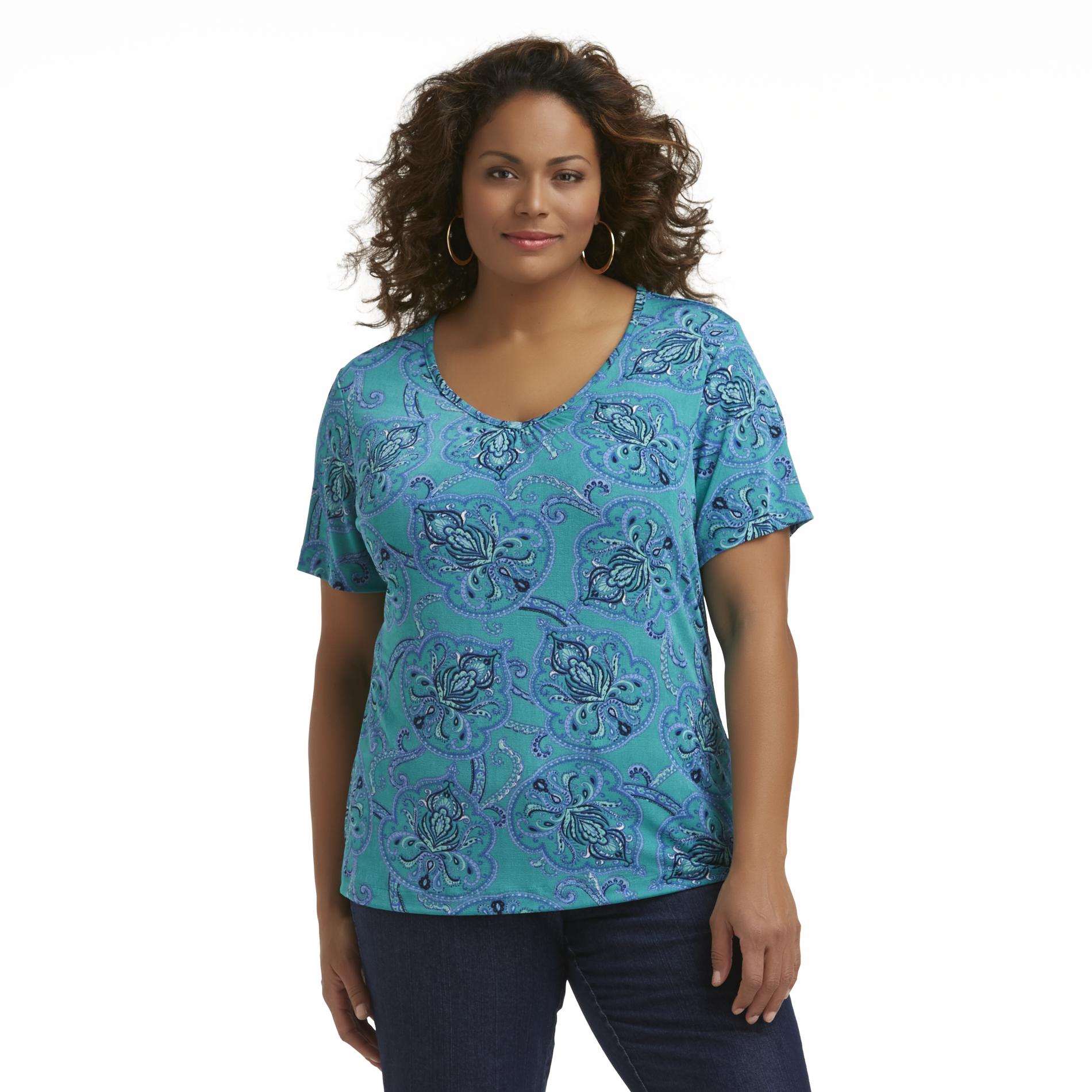Jaclyn Smith Women's Plus Shirred V-Neck Top - Paisley