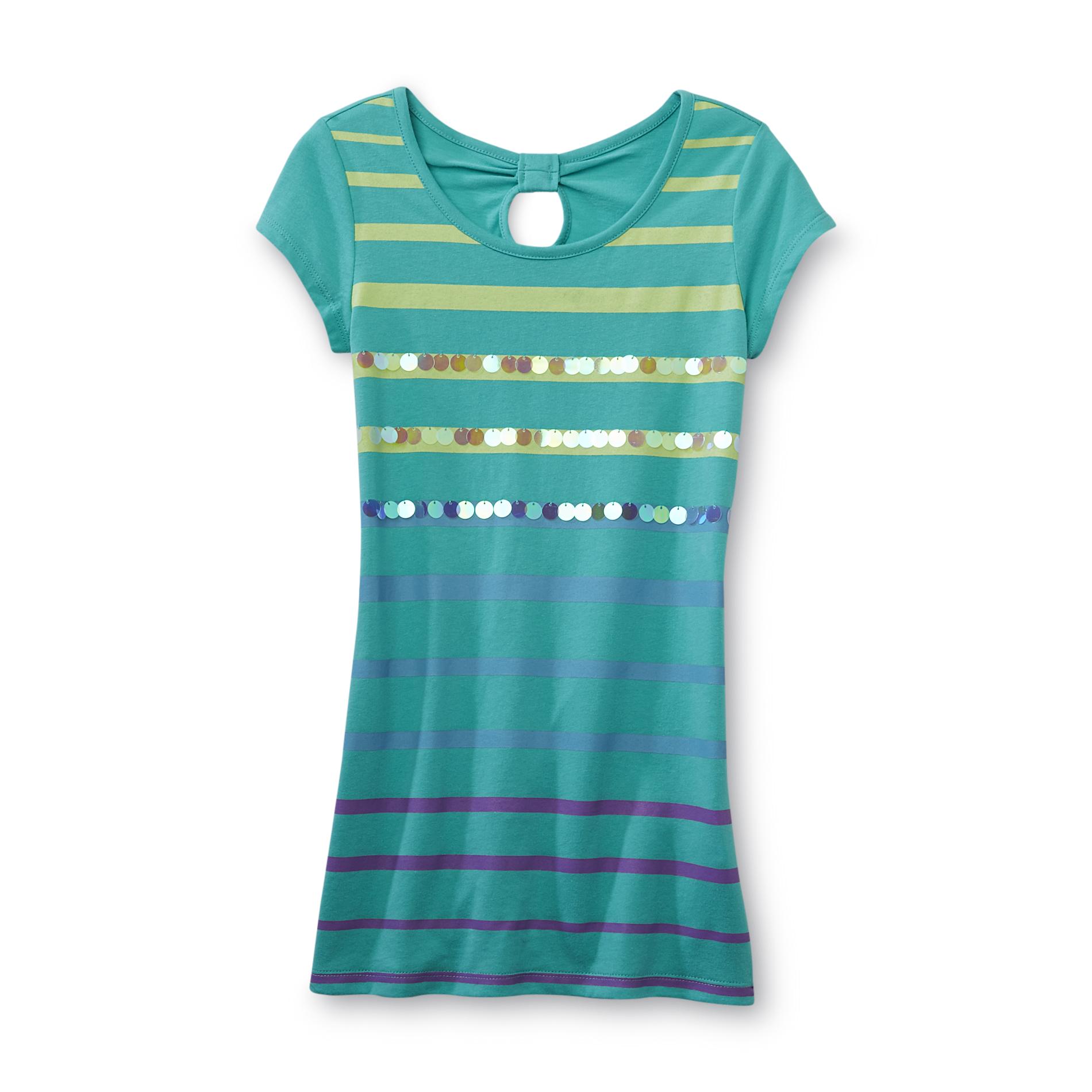 Basic Editions Girl's Short-Sleeve Tunic Top - Sequin Stripes