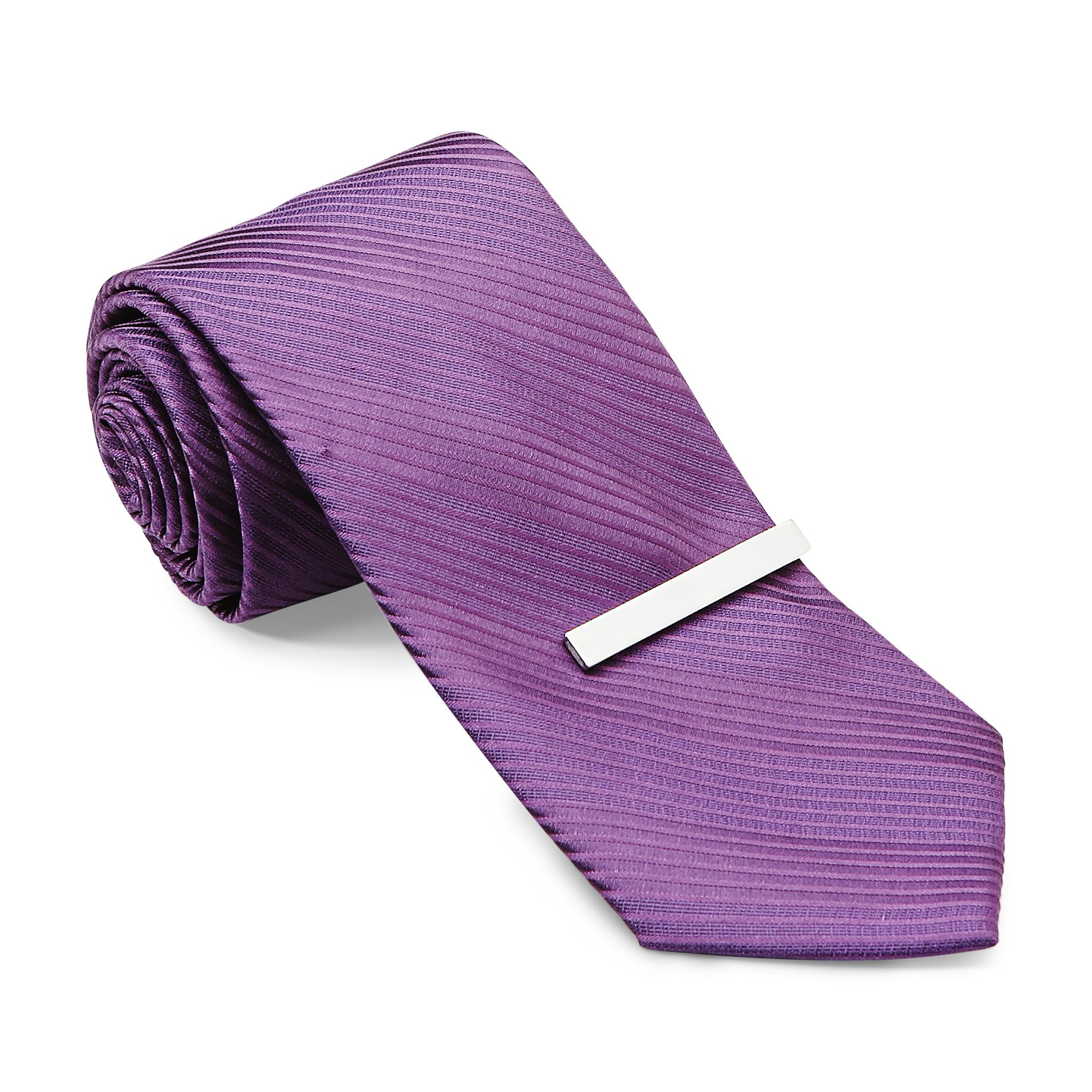 Structure Men's Narrow Necktie & Slivertone Tie Clip - Striped