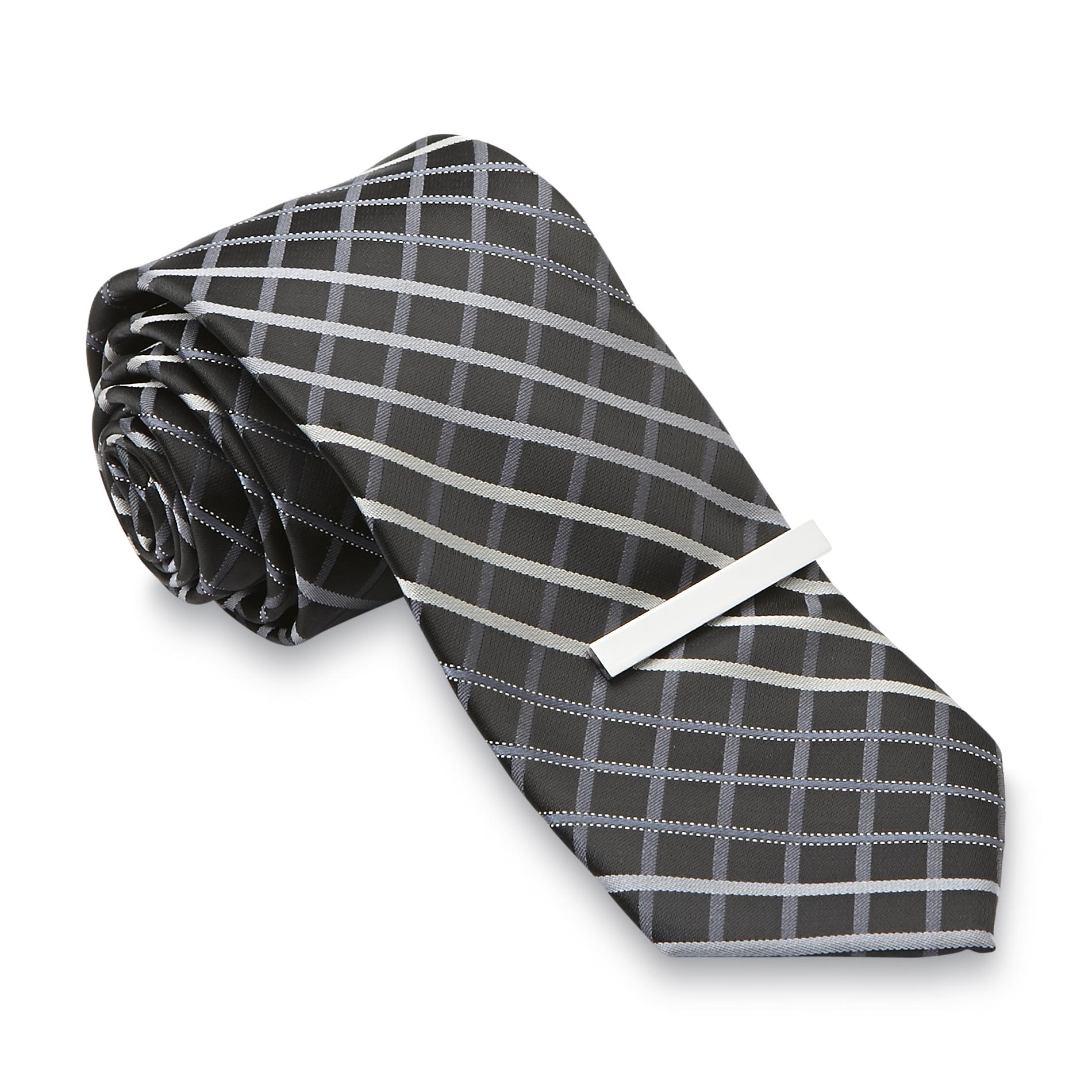 Structure Men's Narrow Satin Necktie & Metal Tie Clip - Checkered