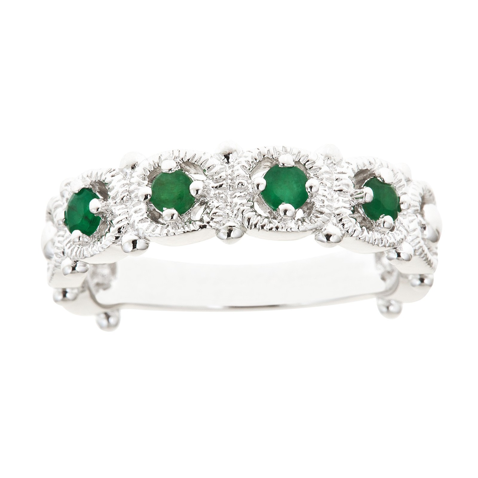 Ladies Sterling Silver 4 Stone Genuine Emerald Ring