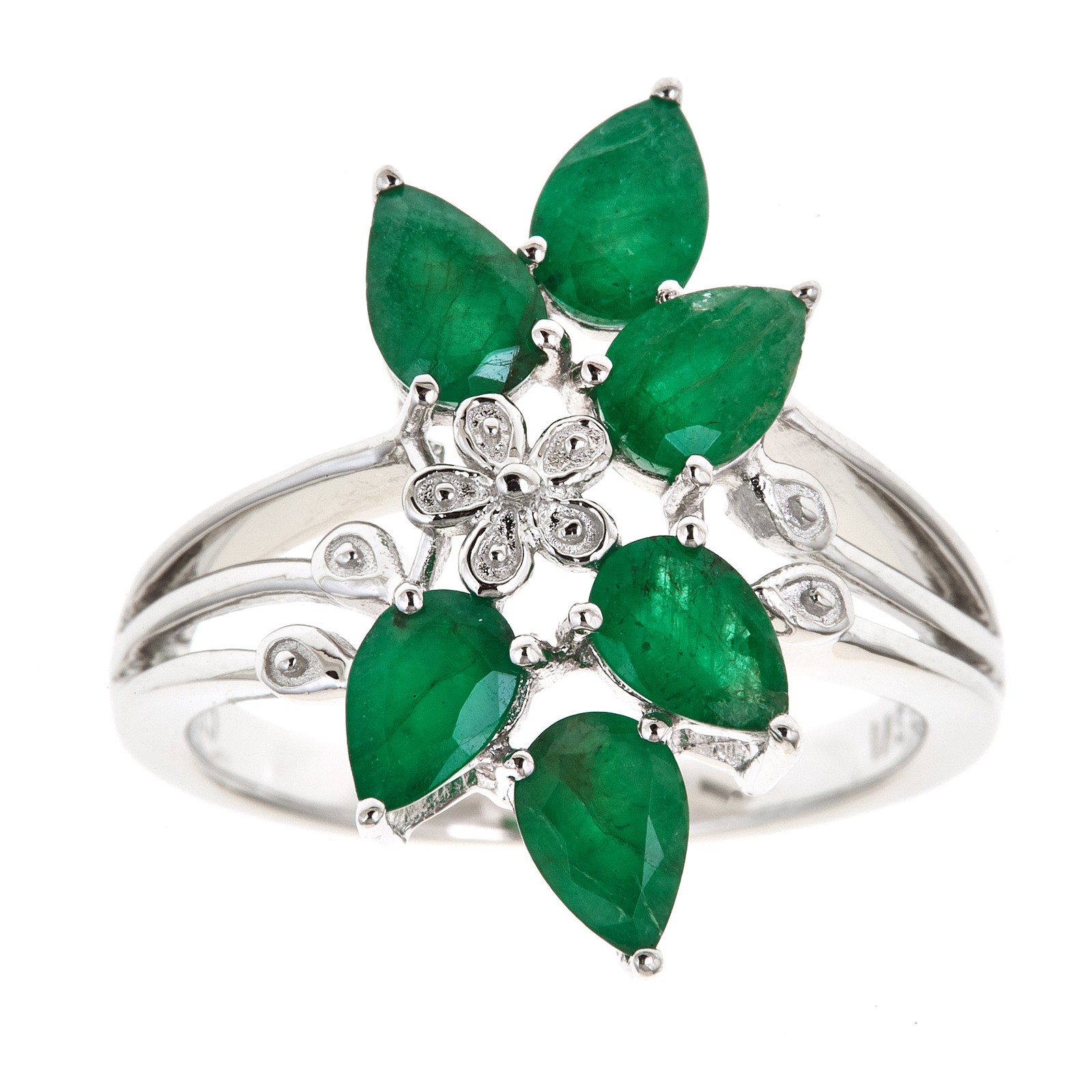Ladies Sterling Silver Genuine Emerald Cluster Ring