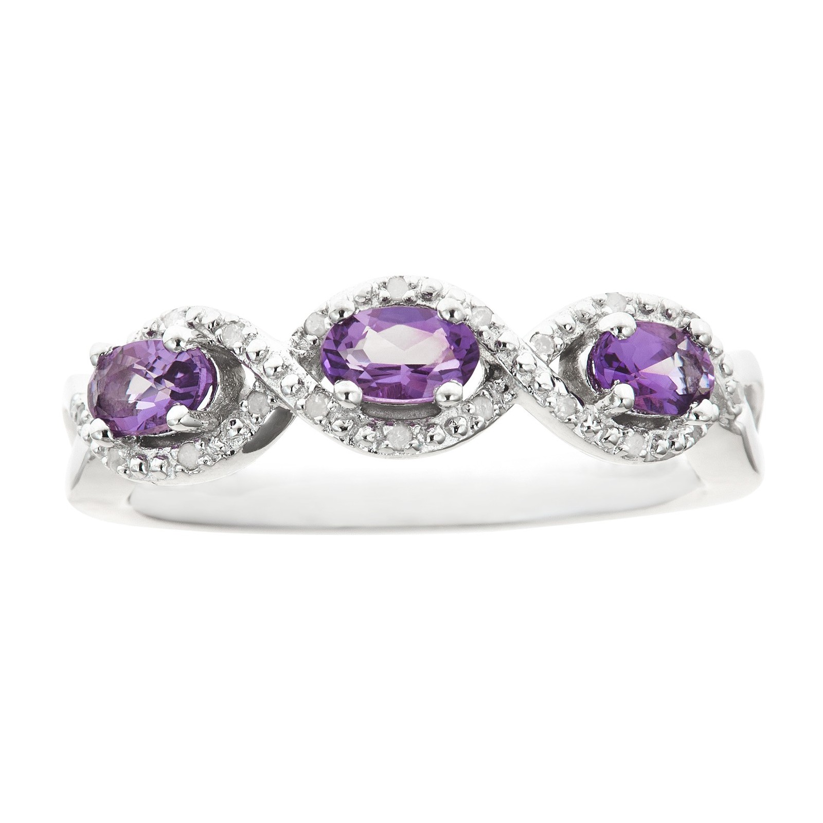 Ladies Sterling Silver 3 Stone Oval Amethyst and Diamond Accent Ring