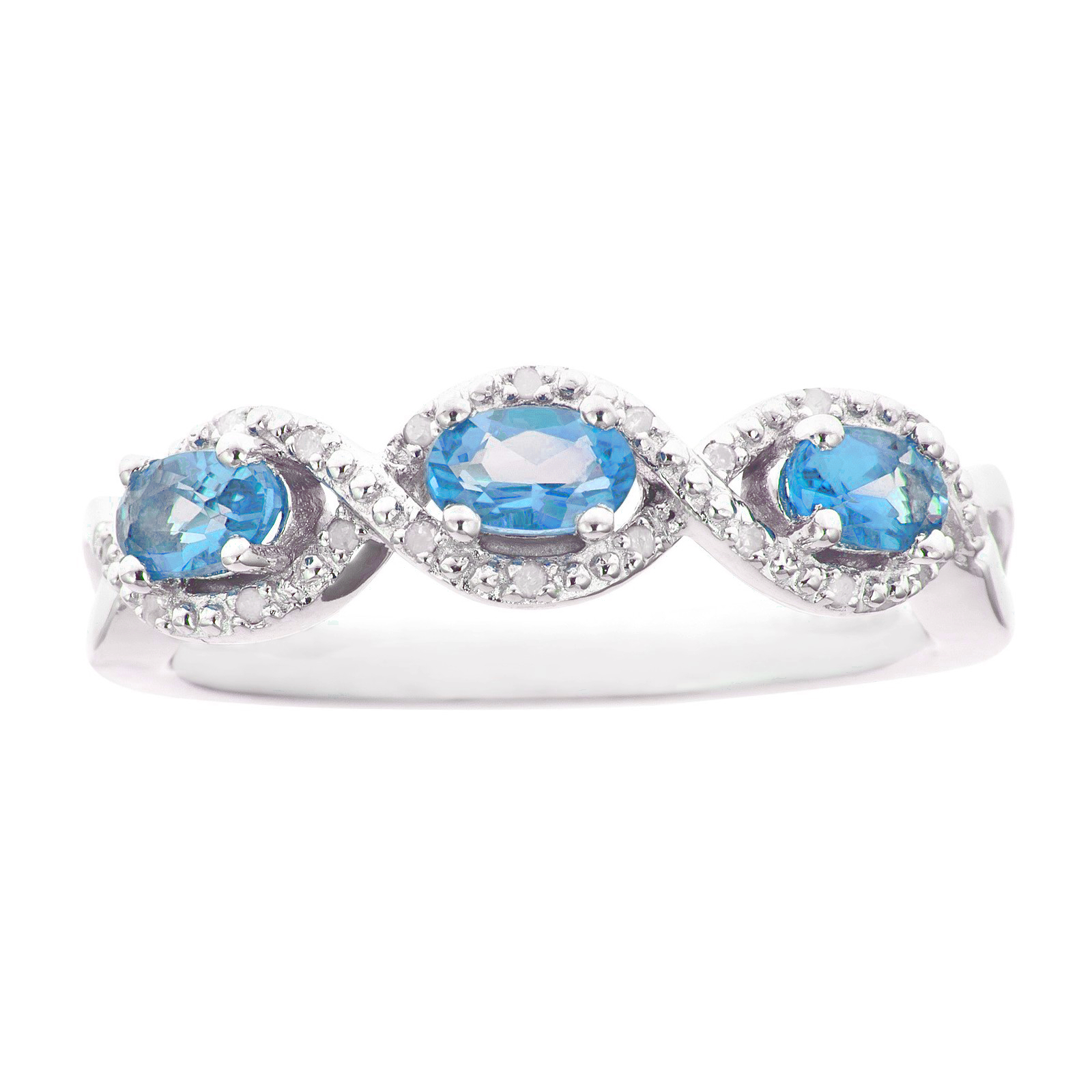 Ladies Sterling Silver 3 Stone Oval Blue Topaz and Diamond Accent Ring