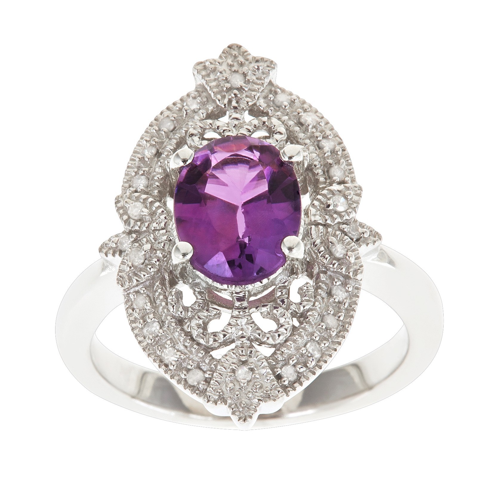 Ladies Sterling Silver Vintage Amethyst and .10 cttw. Diamond Ring