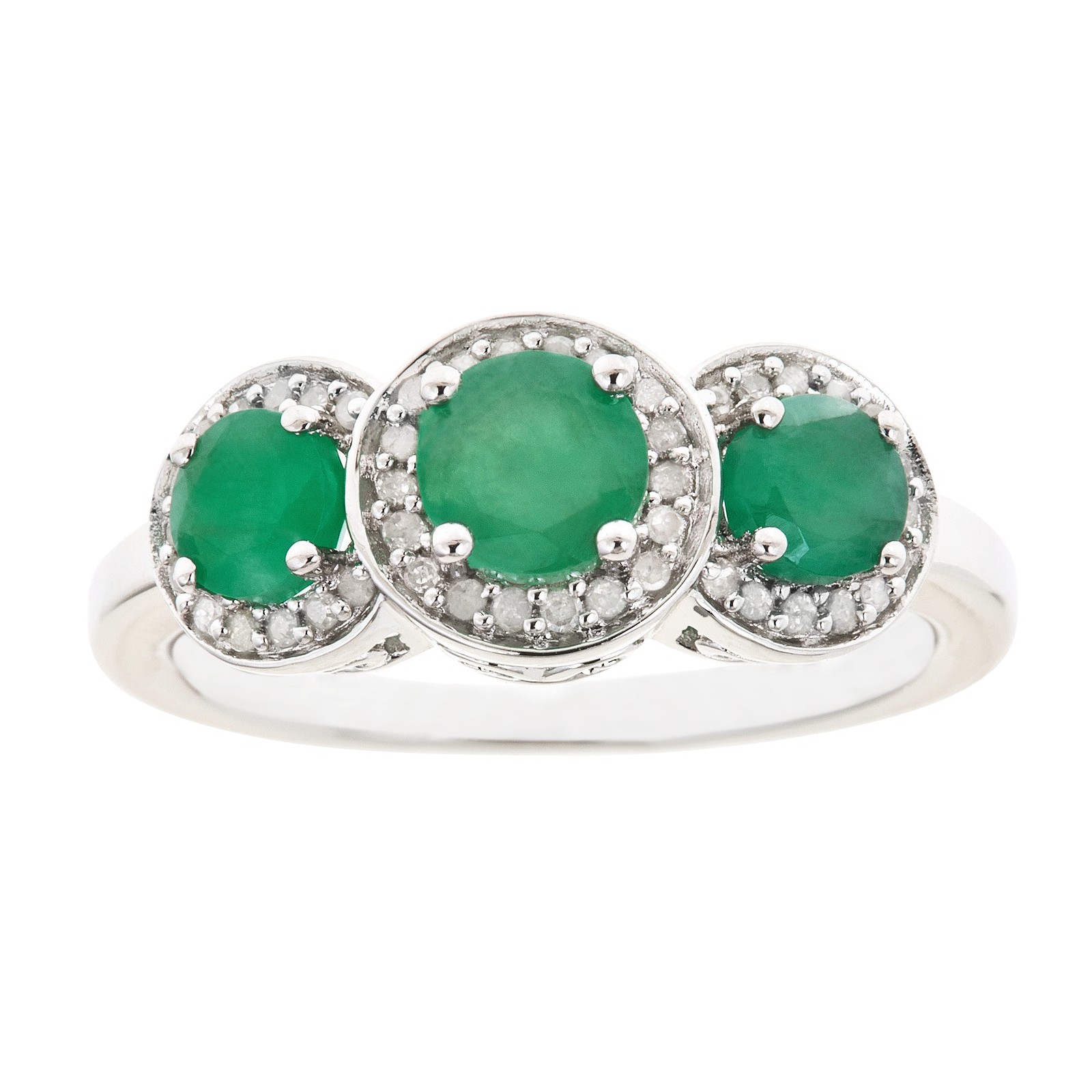 Ladies Sterling Silver 3 Stone Round Emerald and .10 cttw Diamond Ring