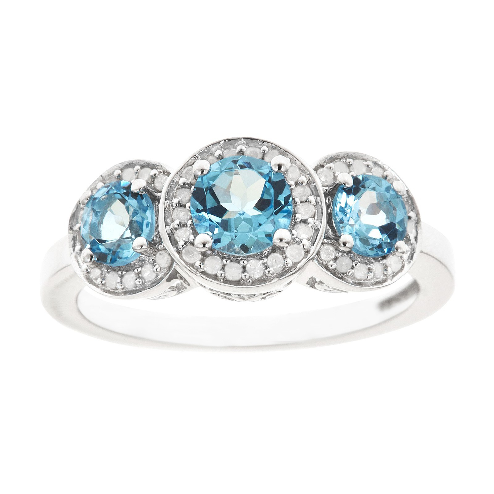 Ladies Sterling Silver 3 Stone Round Blue Topaz and .10 cttw Diamond Ring