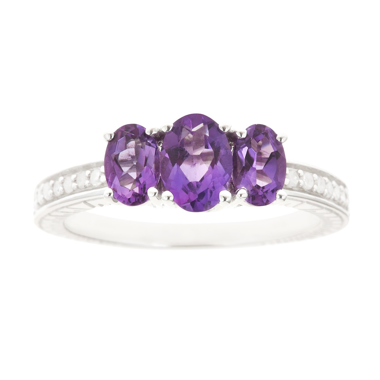 Ladies Sterling Silver 3 Stone Oval Amethyst and .10 cttw Diamond Ring