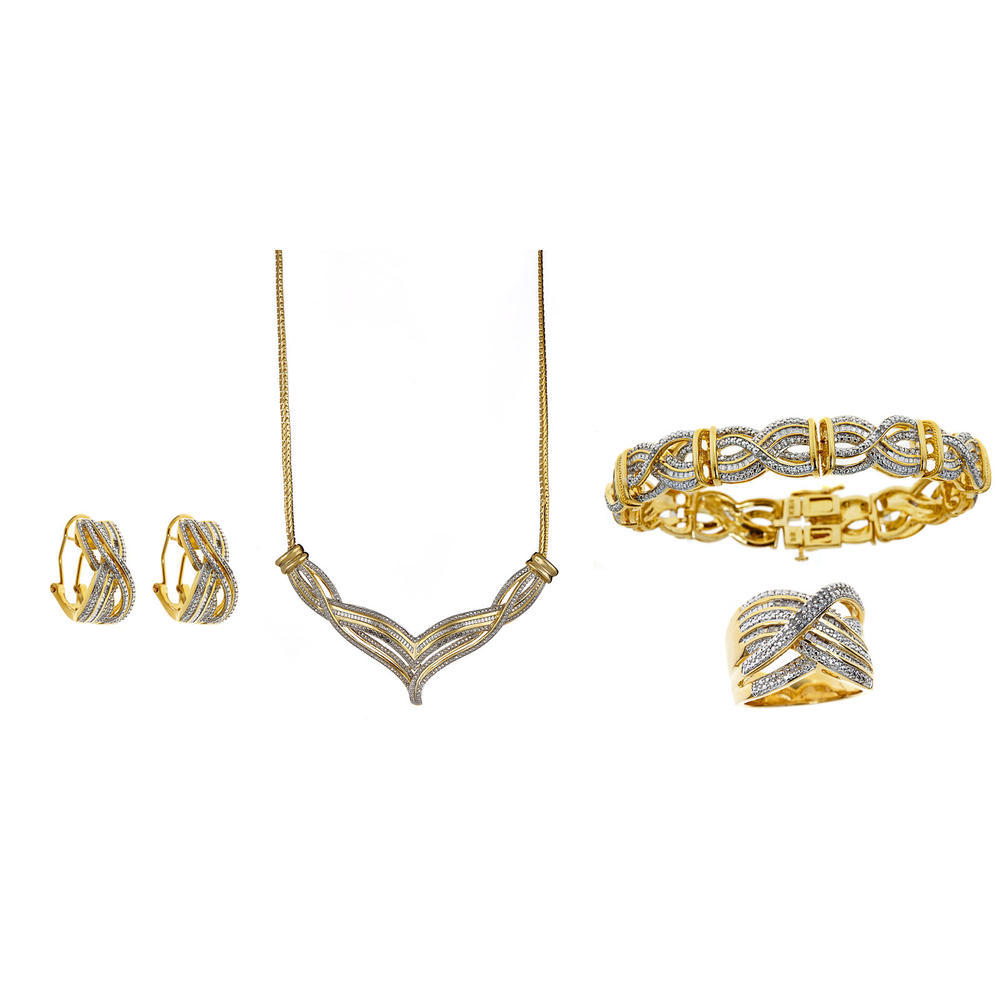 1 Cttw. Diamond Yellow Gold Over Brass Braided Pendant Necklace  Bracelet  Ring and Earrings