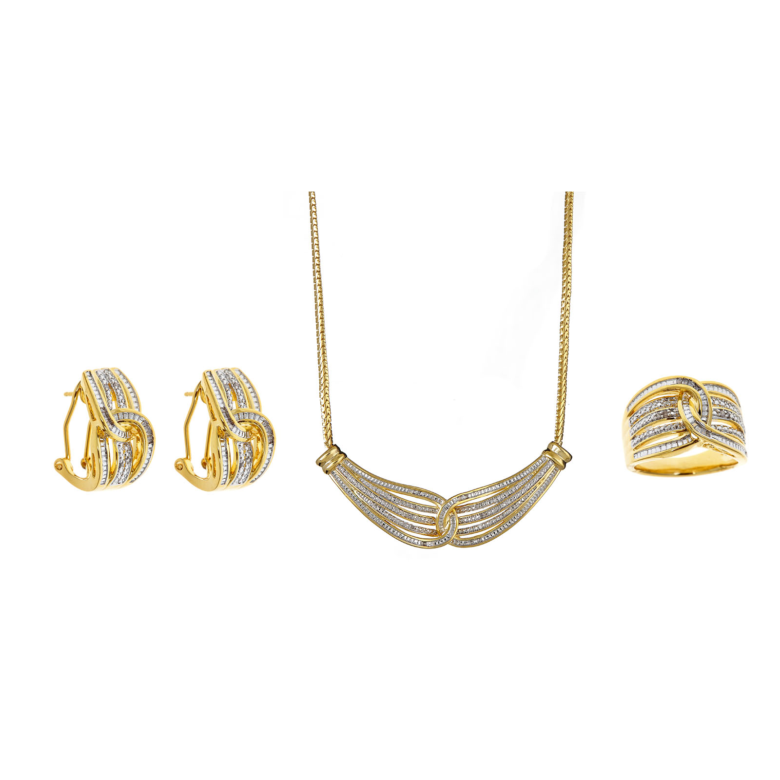 1/2 Cttw. Diamond Yellow Gold Over Brass Looped Pendant Necklace  Ring and Earrings