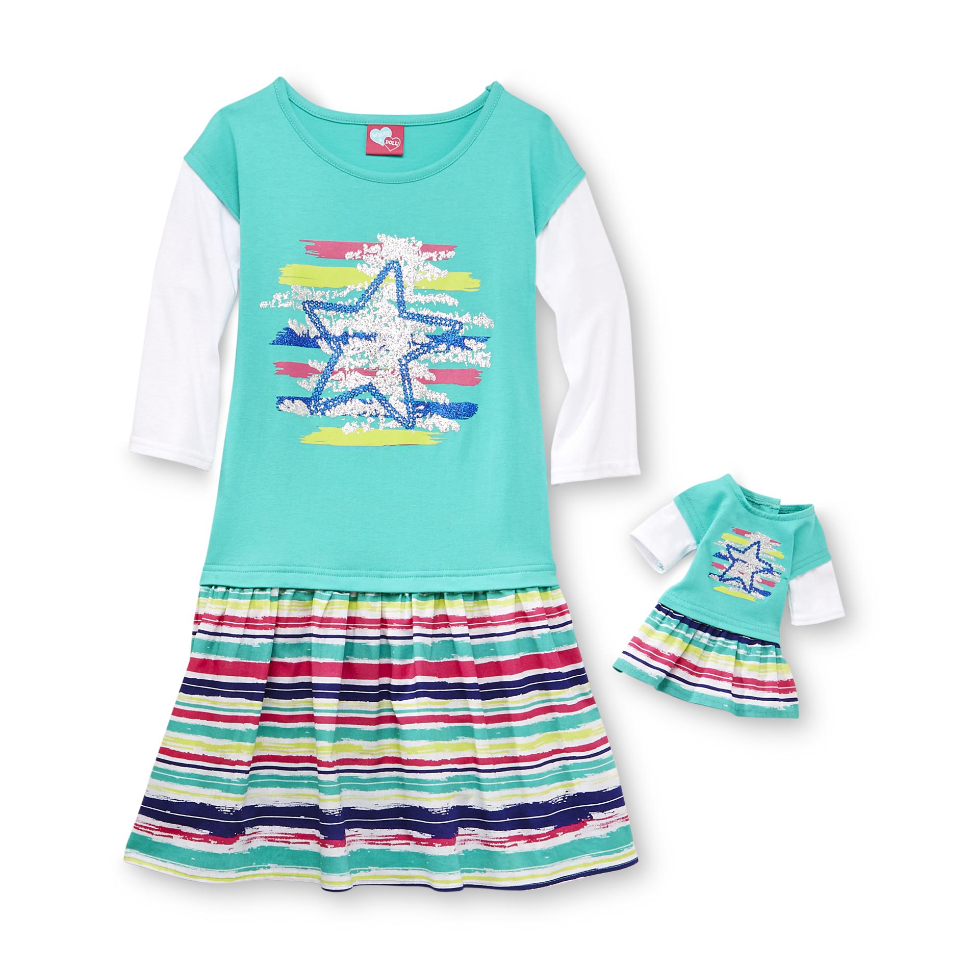 What A Doll Girl's Drop-Waist Dress & Doll Outfit - Stripe & Star