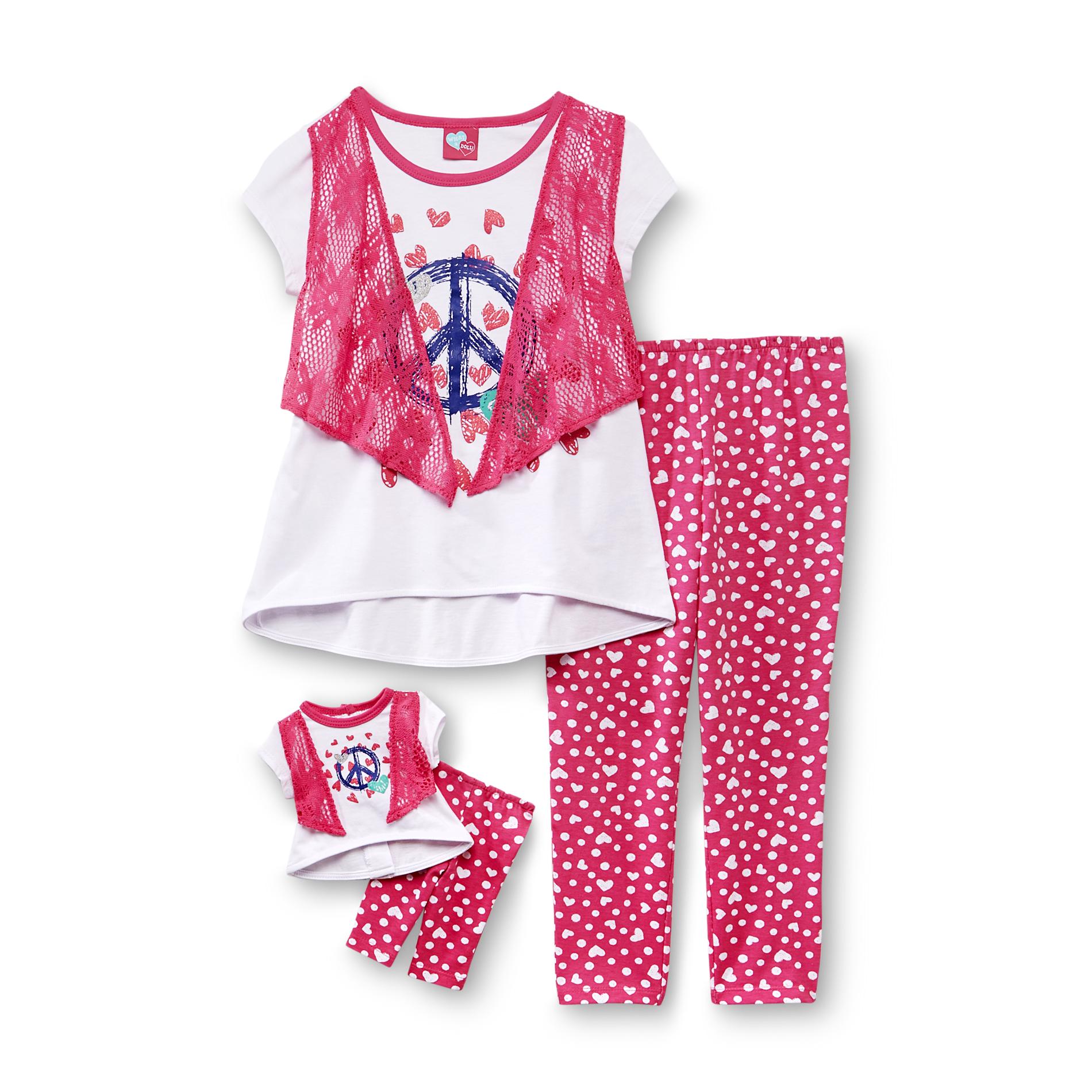 What A Doll Girl's Tunic  Cropped Leggings & Doll Outfit - Peace Sign & Hearts