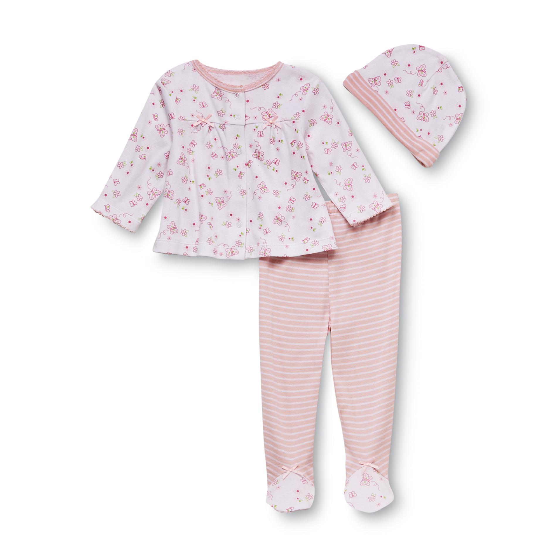 Welcome to the World Newborn Girl's Hat  Shirt & Pants - Floral & Butterfly