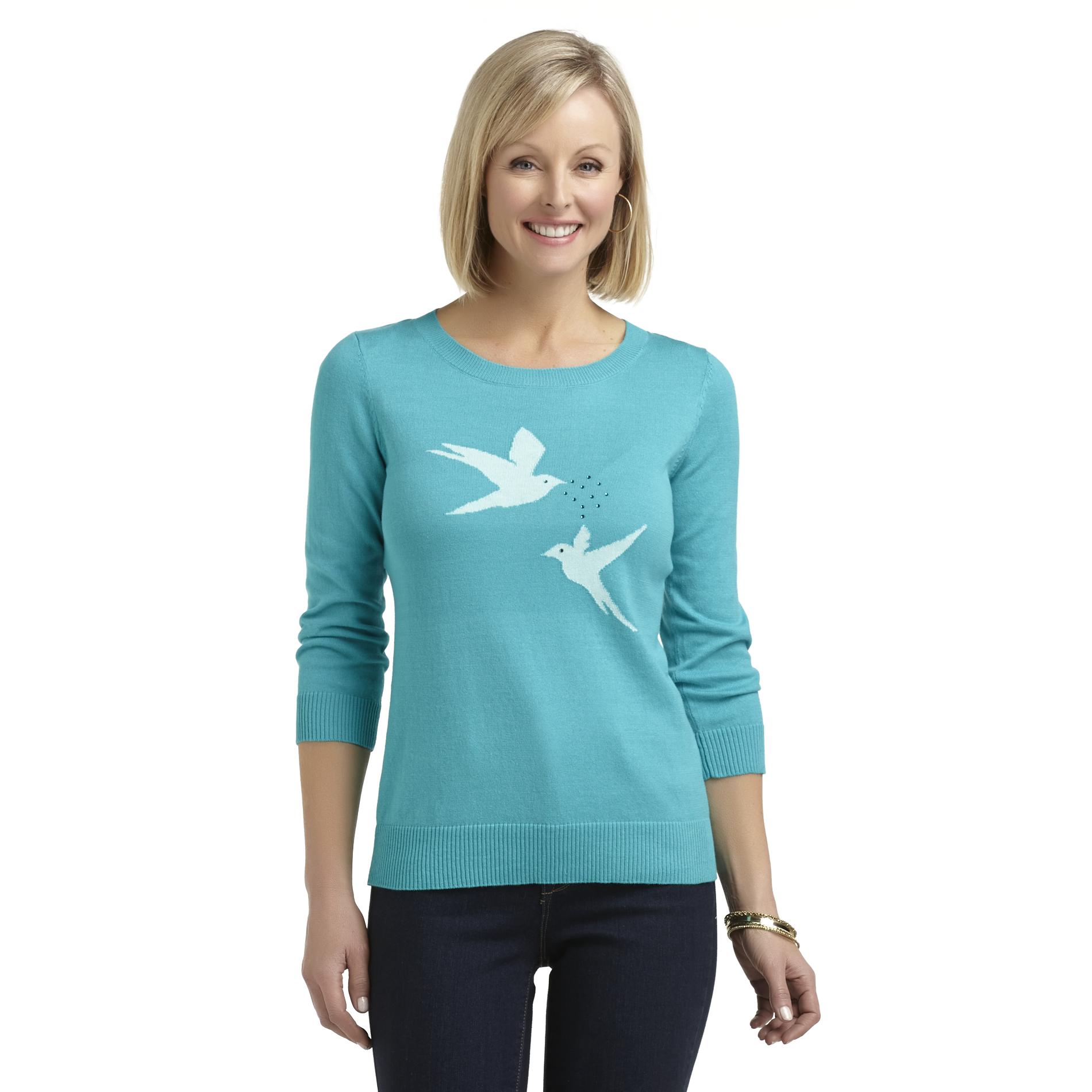Jaclyn Smith Women's Three-Quarter Sleeve Sweater - Birds