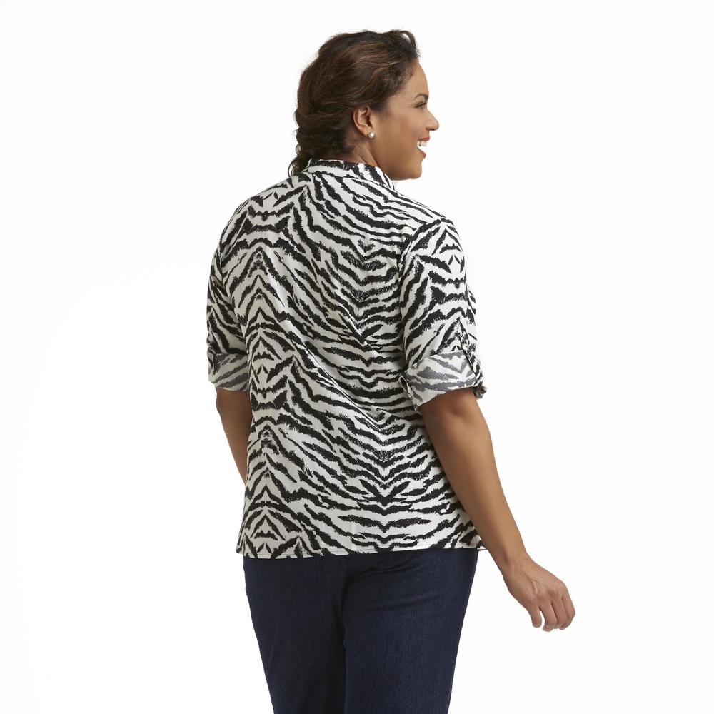 Kathy Che Women's Plus Military-Style Roll-Cuff Blouse - Zebra Print