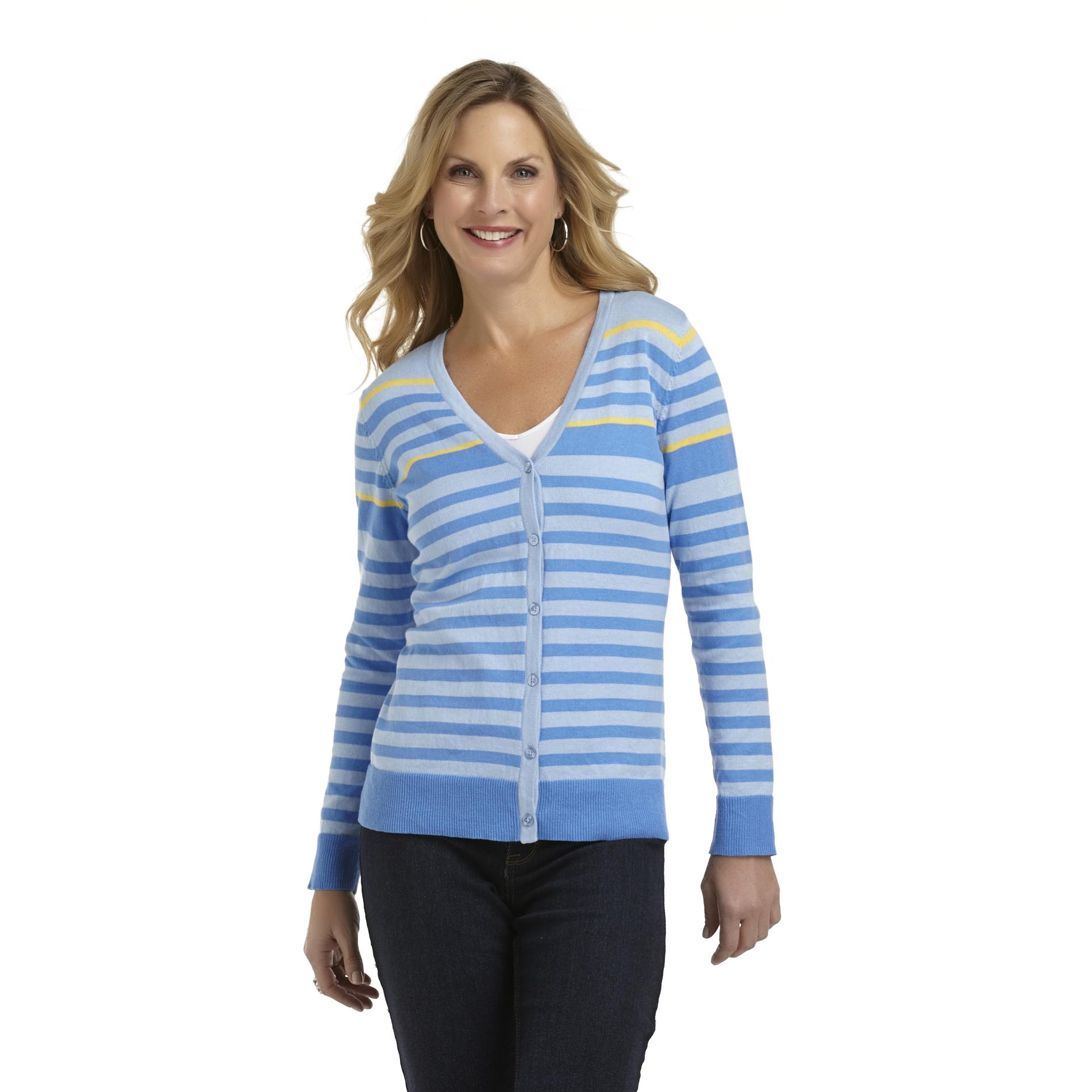Basic Editions Women's Button-Front V-Neck Cardigan - Striped