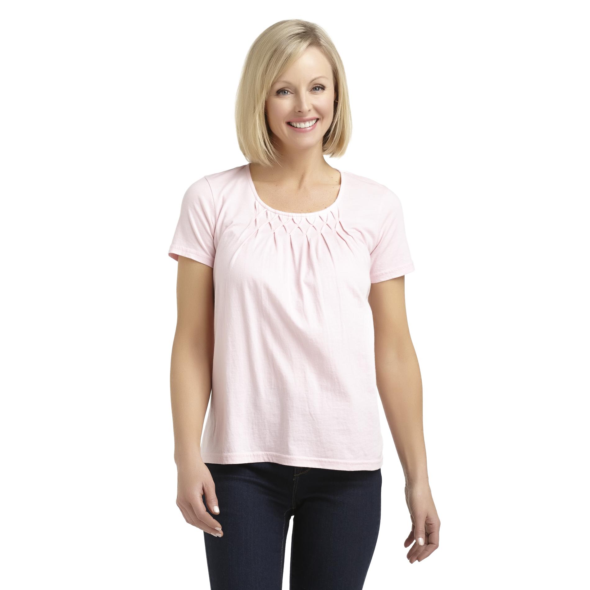 Basic Editions Women's Pleated Scoop Neck Top