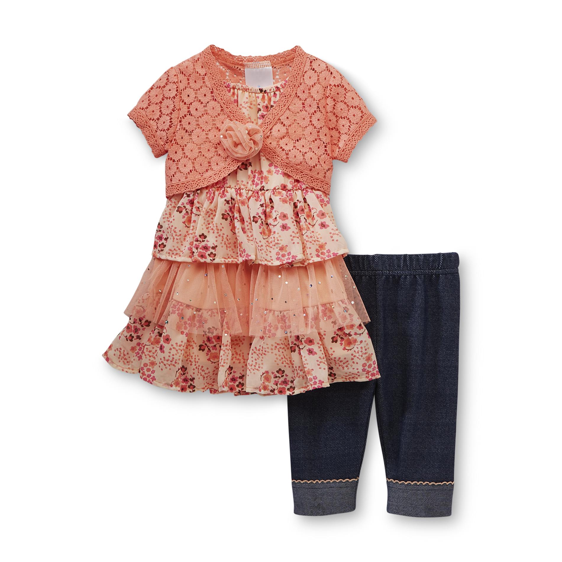 Small Wonders Newborn Girl's Dress  Bolero & Capris - Floral  Sequins & Denim