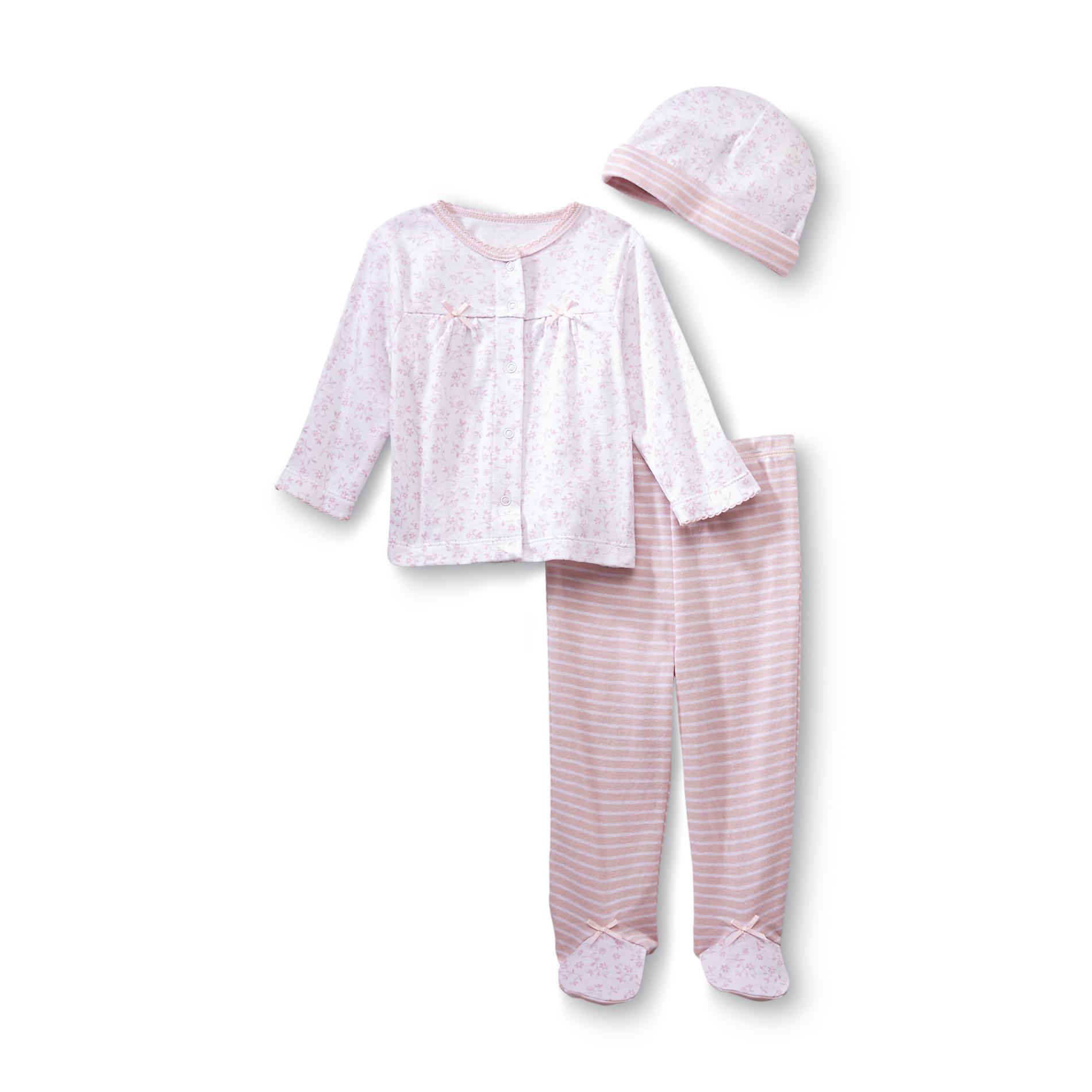 Welcome to the World Newborn Girl's Pajama Top  Pants & Hat - Floral & Striped