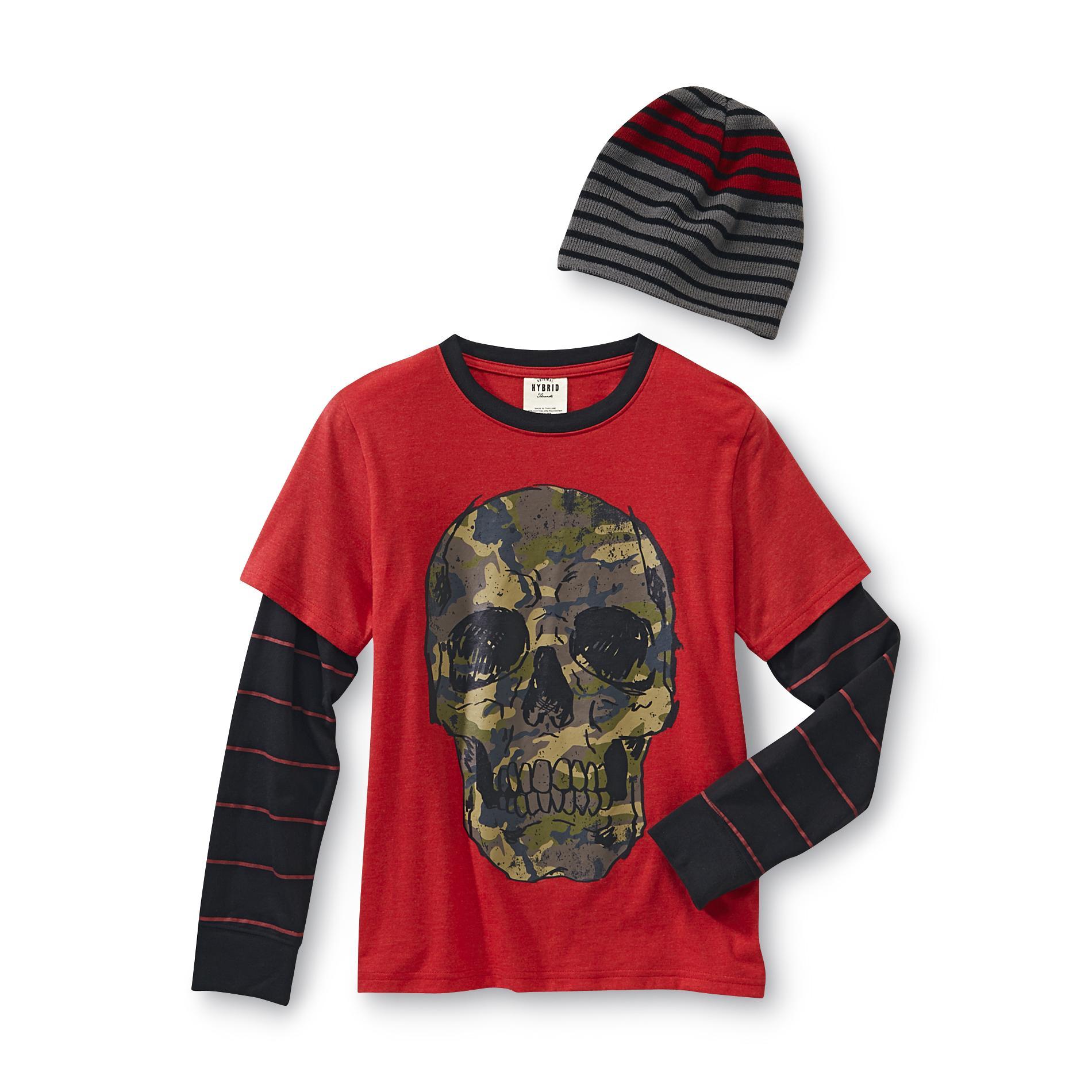 Hybrid Boy's Long-Sleeve Graphic T-Shirt & Beanie - Camo Skull