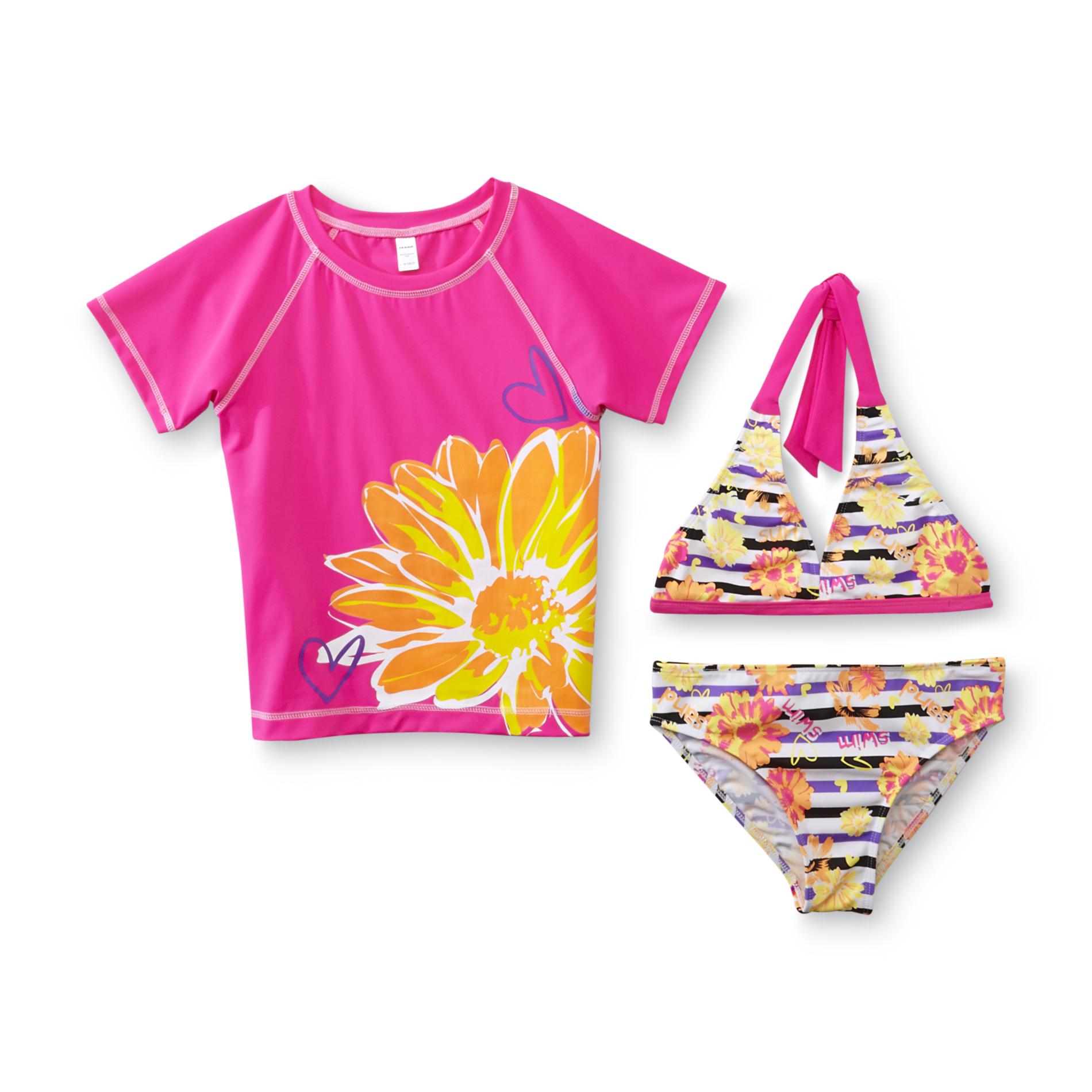 Joe Boxer Girl's Bikini Top  Bottoms & Swim Shirt - Floral