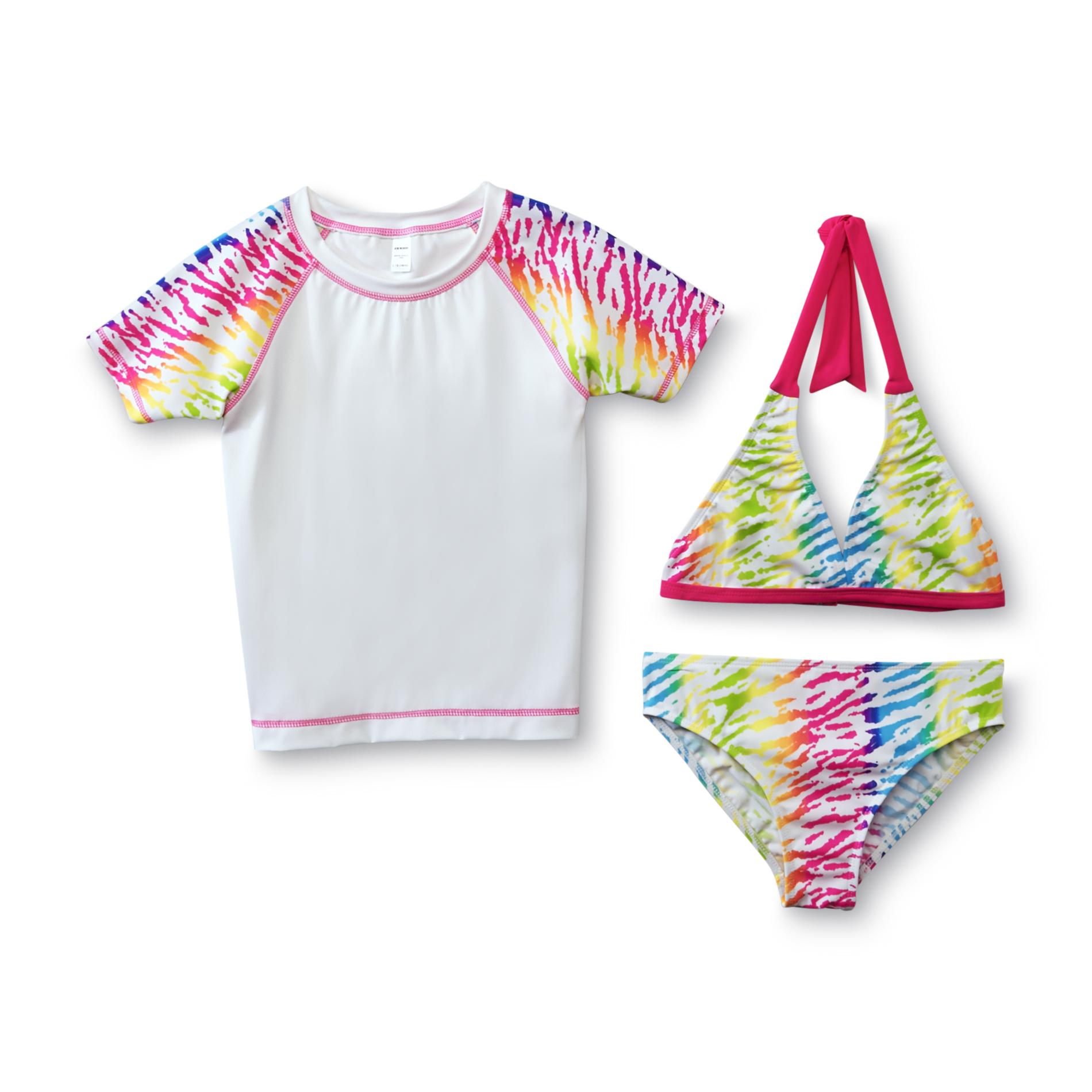Joe Boxer Girl's Bikini Top  Bottoms & Swim Shirt - Zebra Print
