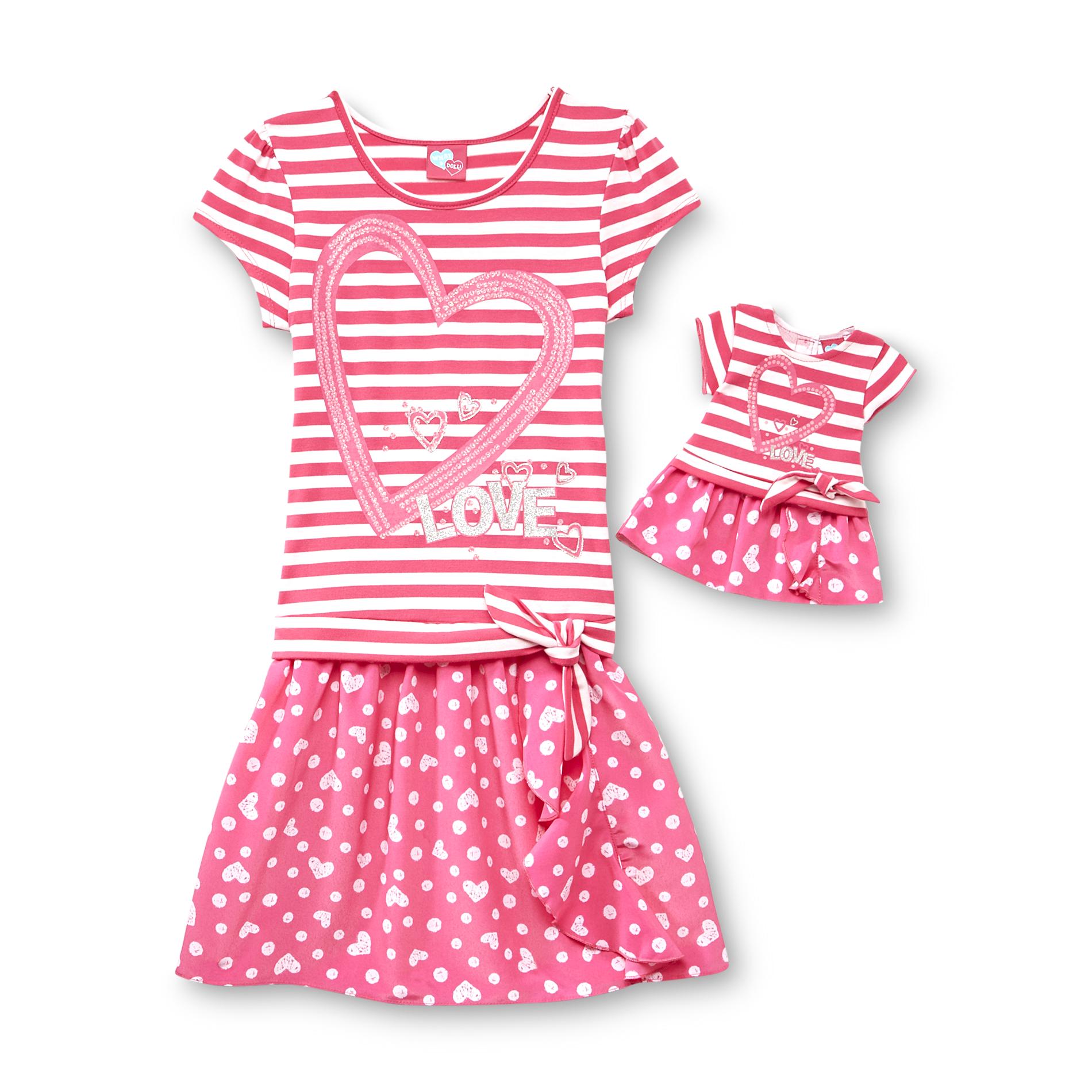 What A Doll Girl's Drop-Waist Dress & Doll Outfit - Stripe  Hearts & Love