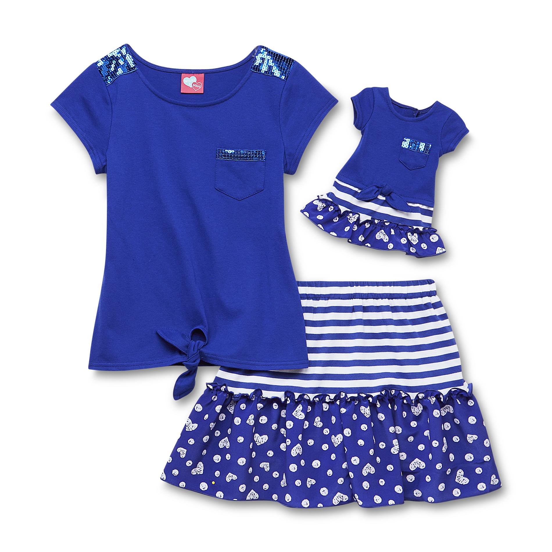 What A Doll Girl's Top  Scooter Skirt & Doll Outfit - Stripe & Hearts