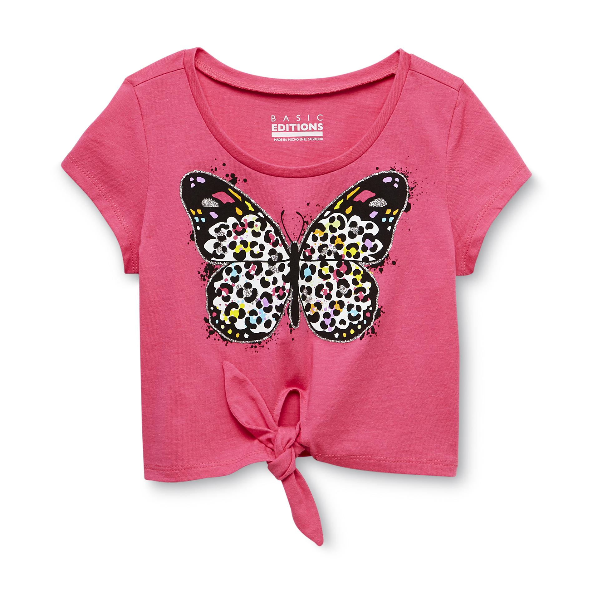 Basic Editions Girl's Tie-Front Crop Top - Butterfly & Glitter Print