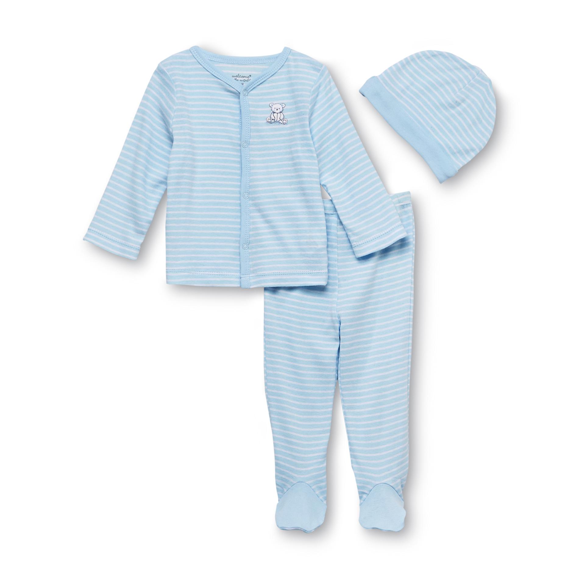 Welcome to the World Newborn Boy's Hat  Shirt & Pants - Teddy Bear & Striped