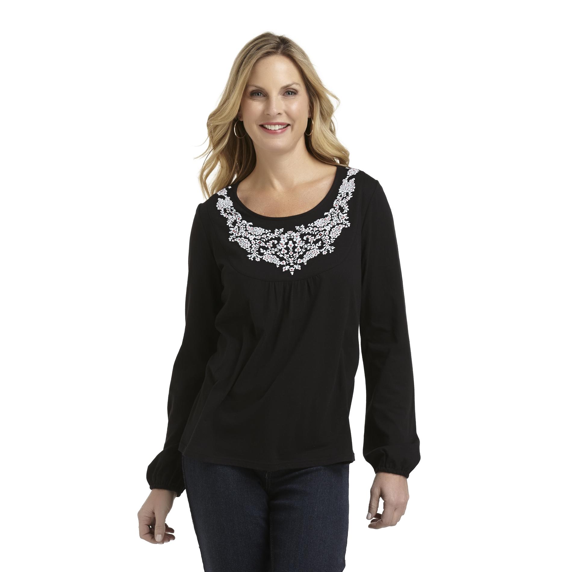 Basic Editions Women's Embroidered Bib Top - Floral