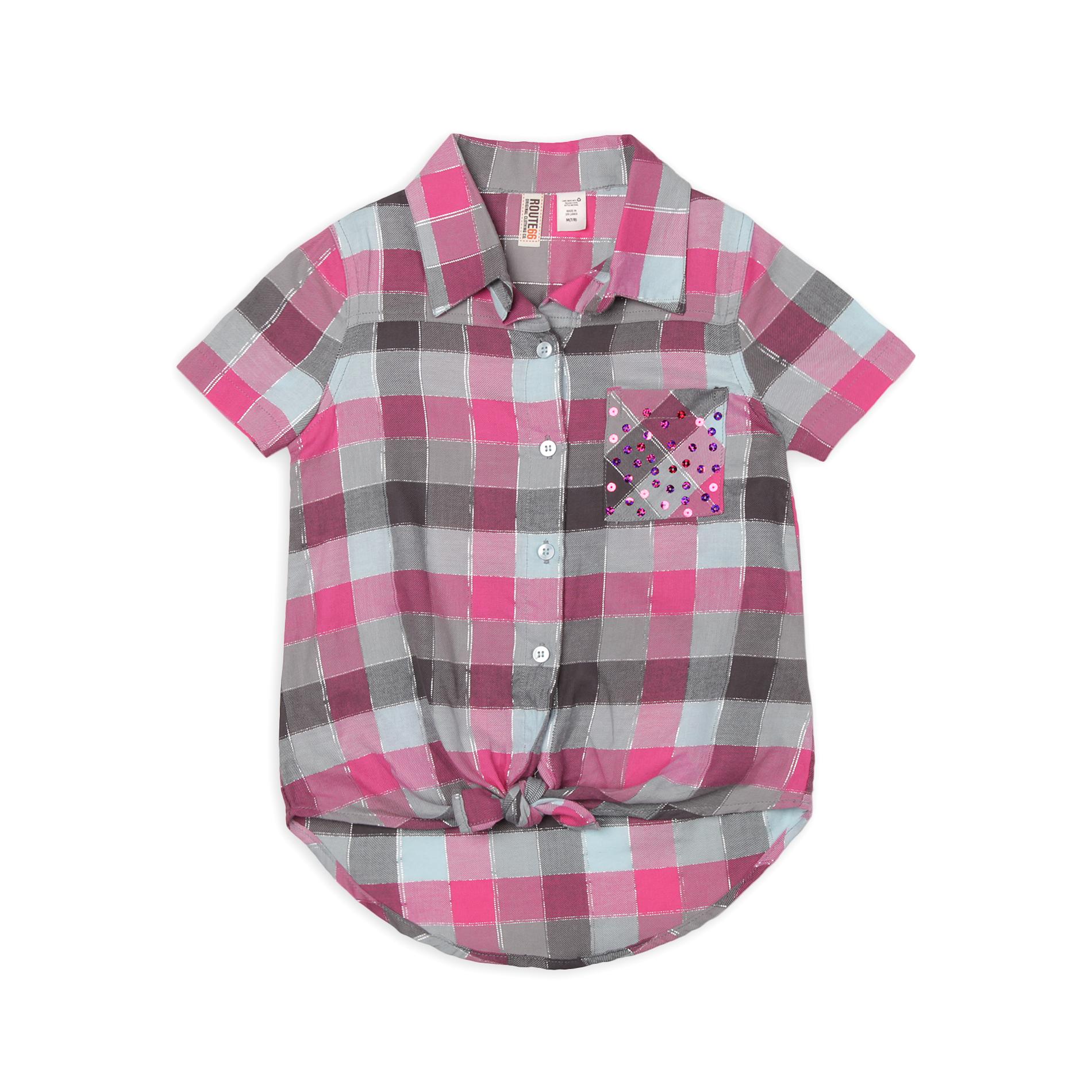 Route 66 Girl's Short-Sleeve Front-Tie Shirt - Plaid