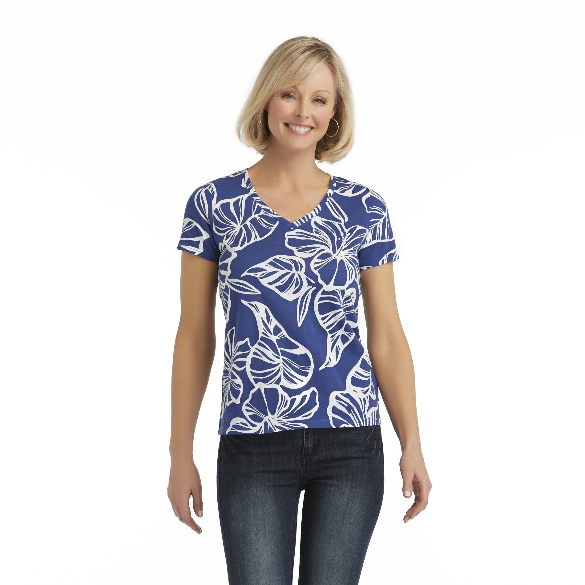 Basic Editions Women's Plus Slub Knit V-Neck T-Shirt - Tropical Floral