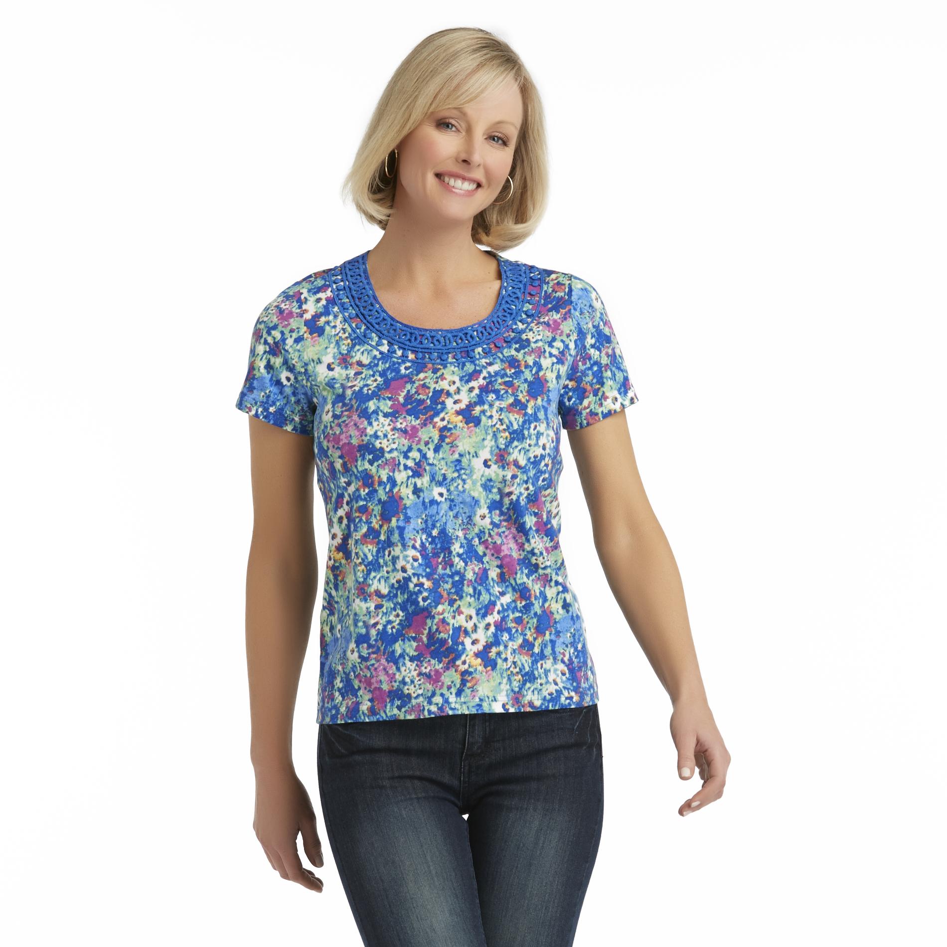 Basic Editions Women's Embellished Neck Knit Top - Floral