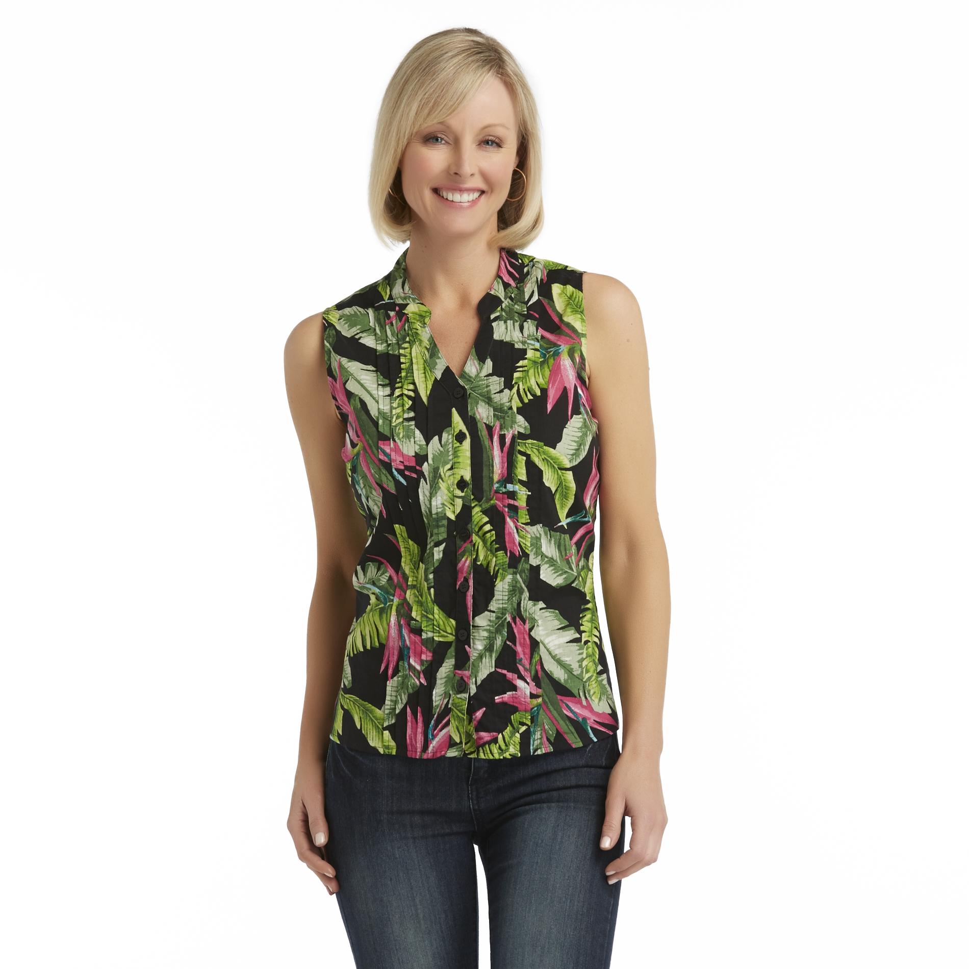 Basic Editions Women's Plus Pintucked Top - Floral