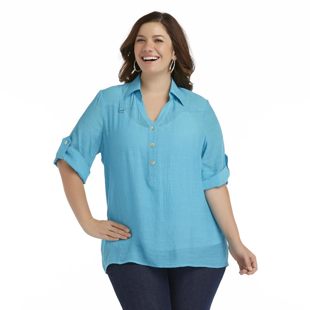 Beverly Drive Women's Plus Tunic Blouse - Ring Tab Accent