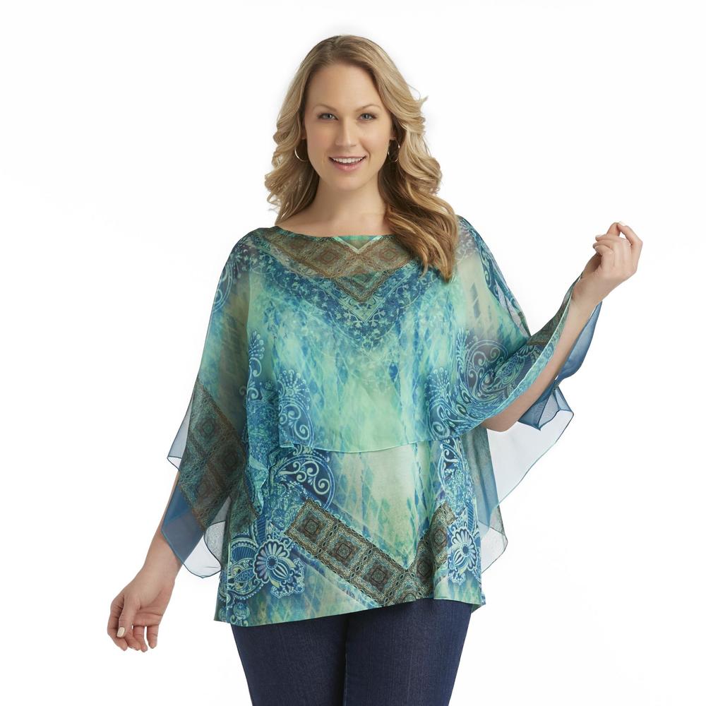 Live and Let Live Women's Plus Scarf Poncho Top - Abstract