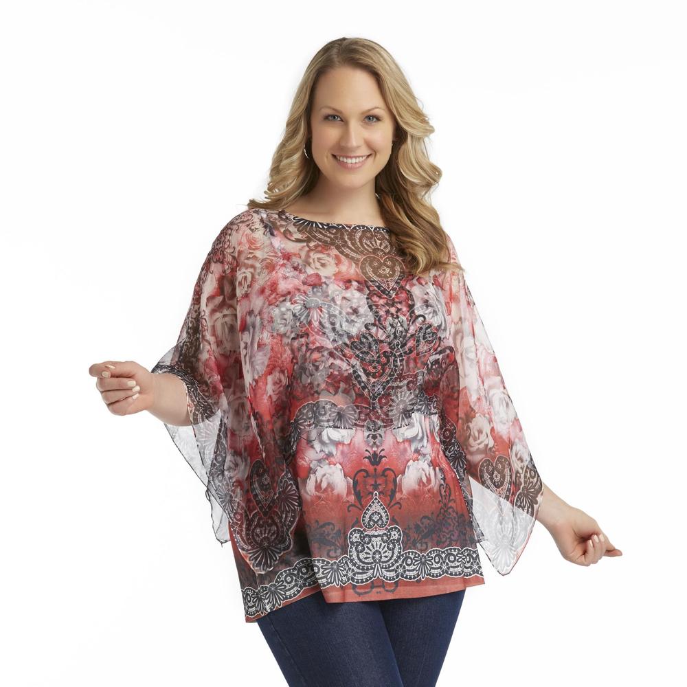 Live and Let Live Women's Plus Scarf Poncho Top - Abstract