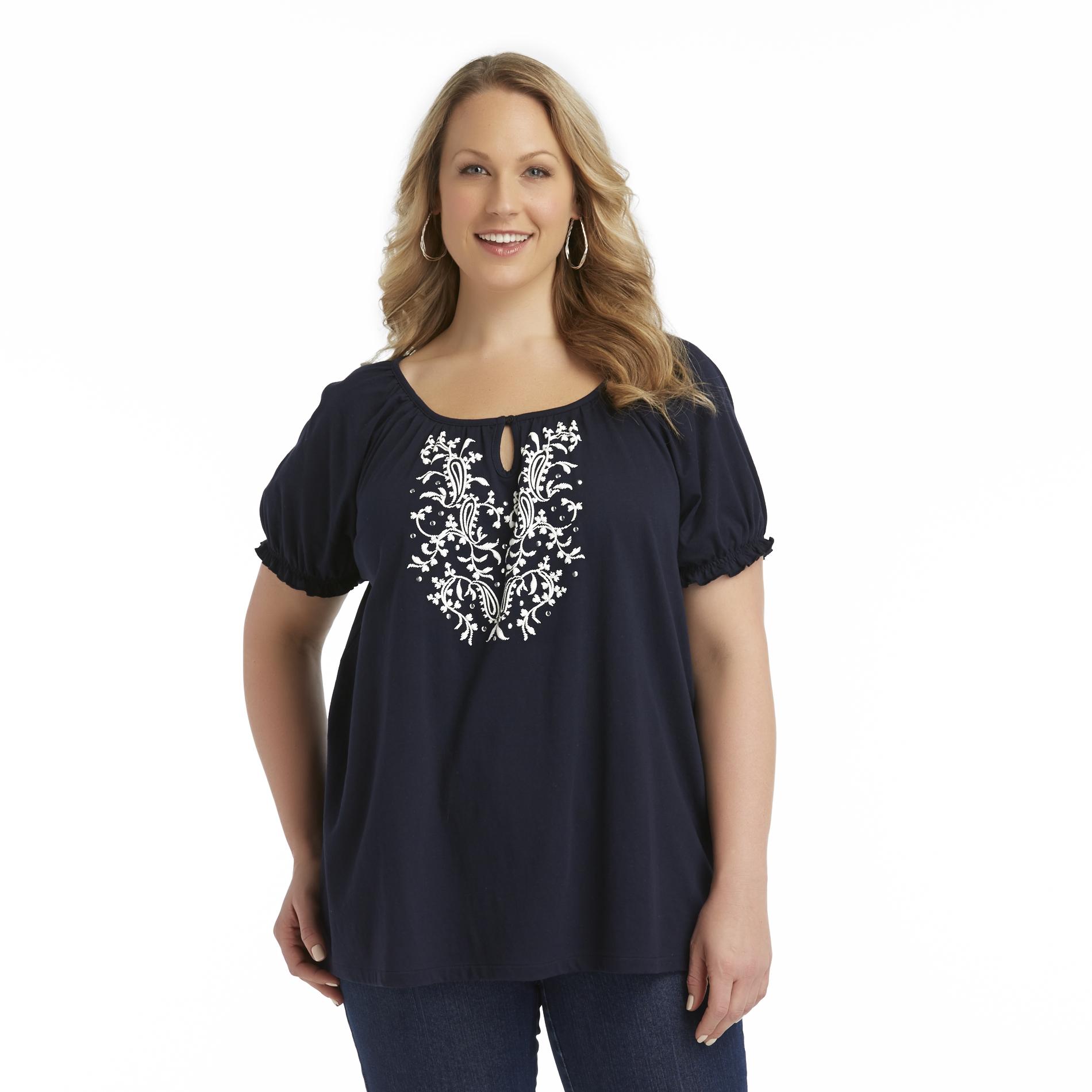 Basic Editions Women's Plus Embroidered Peasant Top - Studs