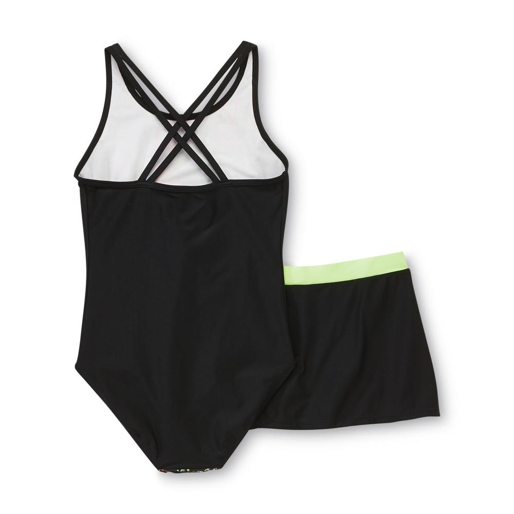 Joe Boxer Girl's Swimsuit & Swim Skirt - Neon Peace Signs