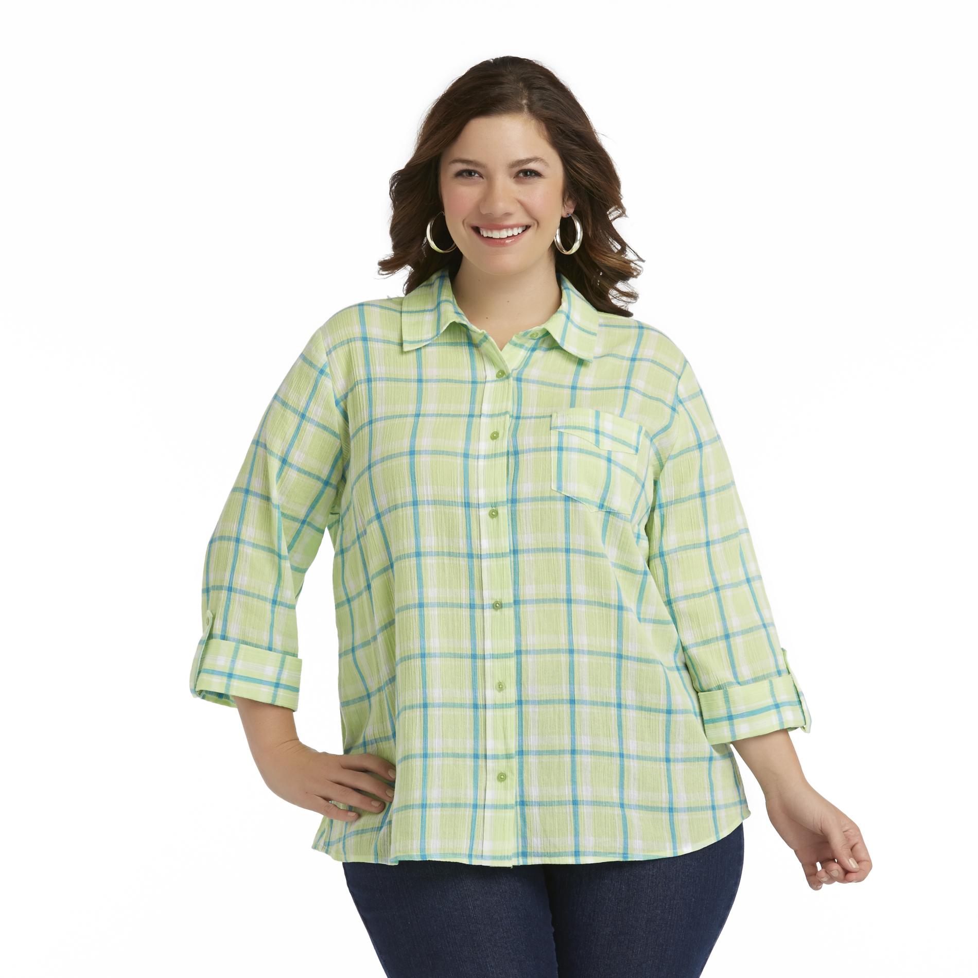 Basic Editions Women's Plus Button-Front Crepe Shirt - Plaid