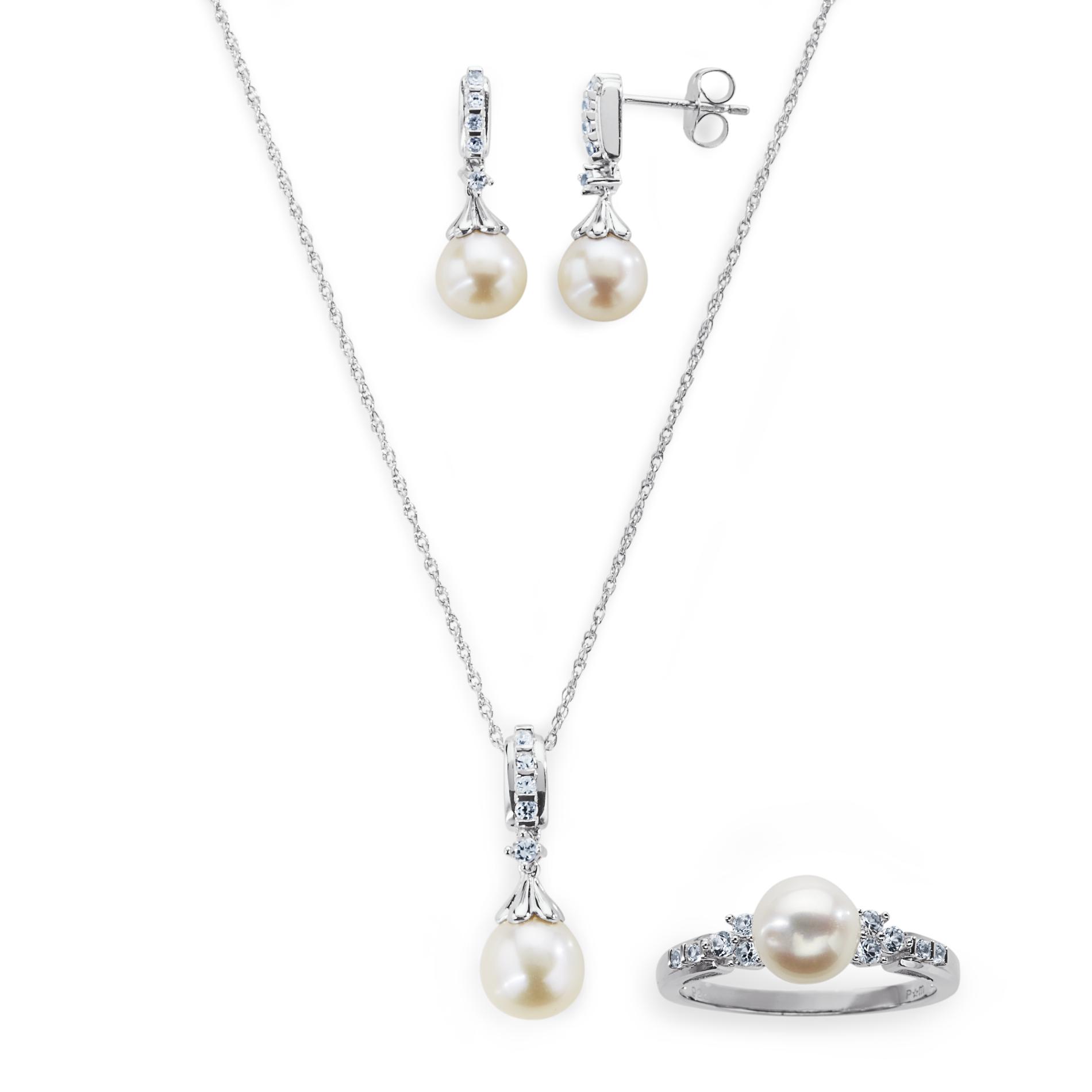 Pearl & White Sapphire Sterling Silver Necklace  Ring & Earring Set