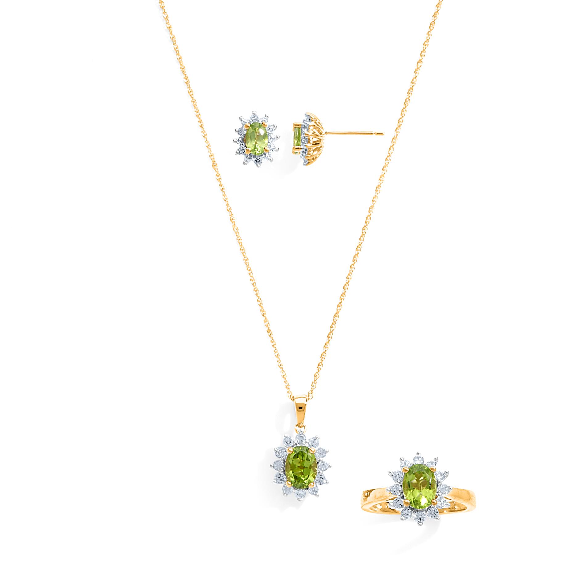Peridot & Lab Created White Sapphire Yellow Gold Over Silver Oval Cut Pendant, Earrings & Ring