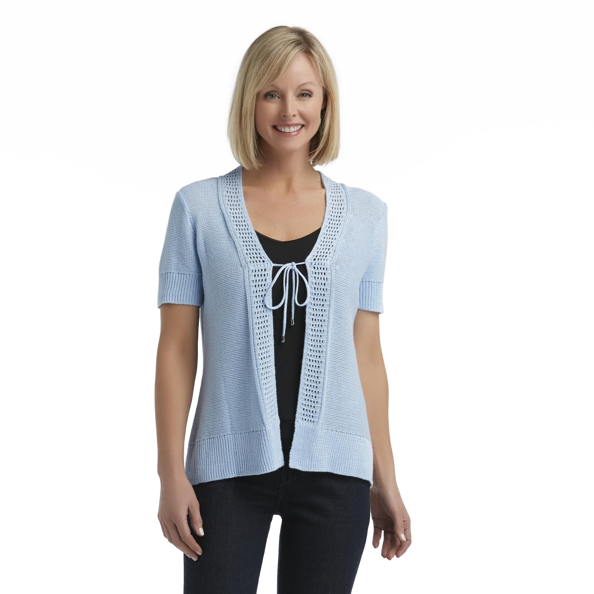 Basic Editions Women's Short-Sleeve Tie-Front Cardigan