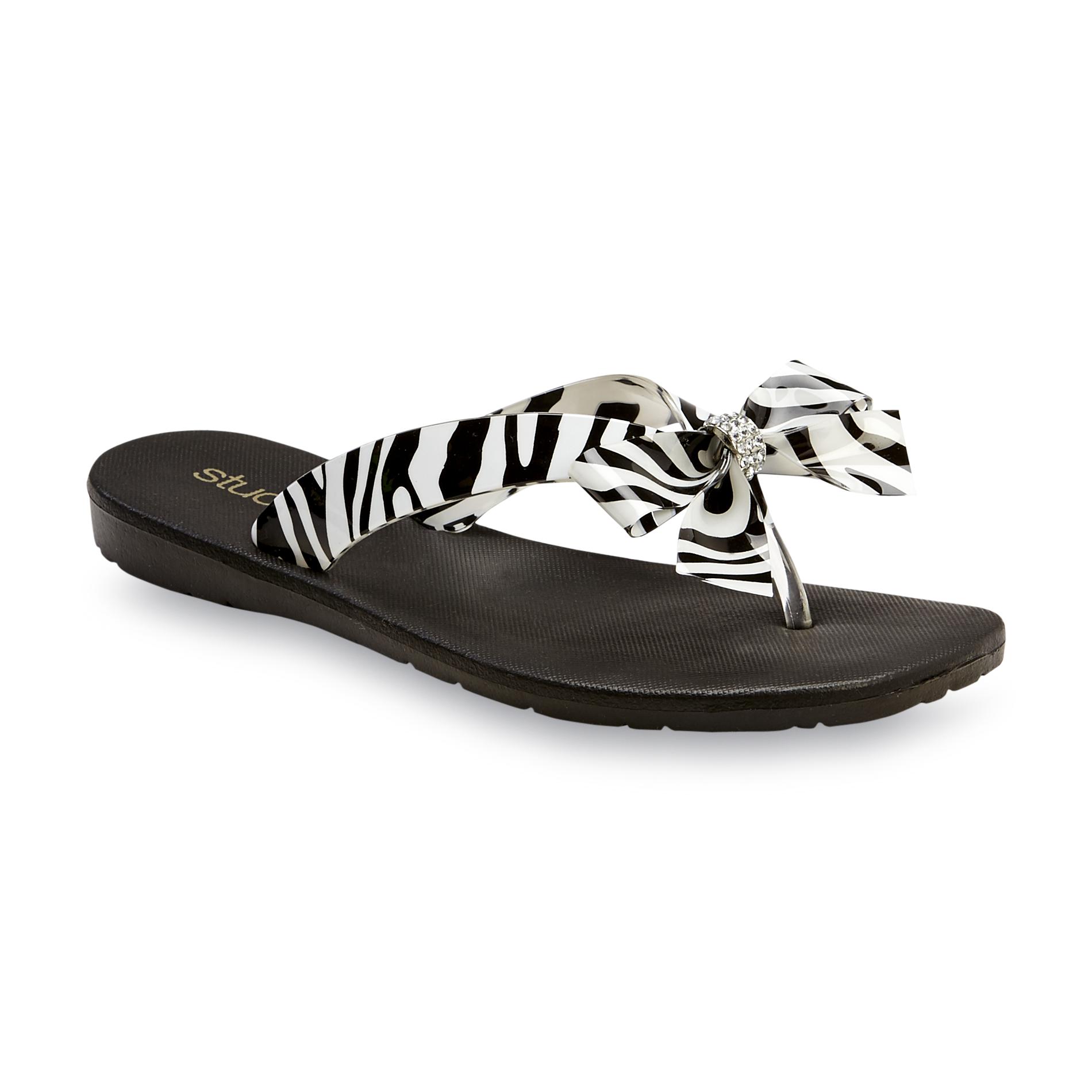 Studio S Women's Rhinestone Bow Flip-Flops - Zebra