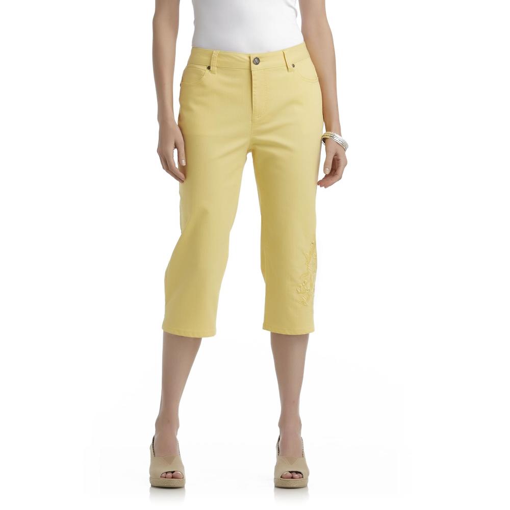 Basic Editions Women's Colored Denim Capris Embroidered