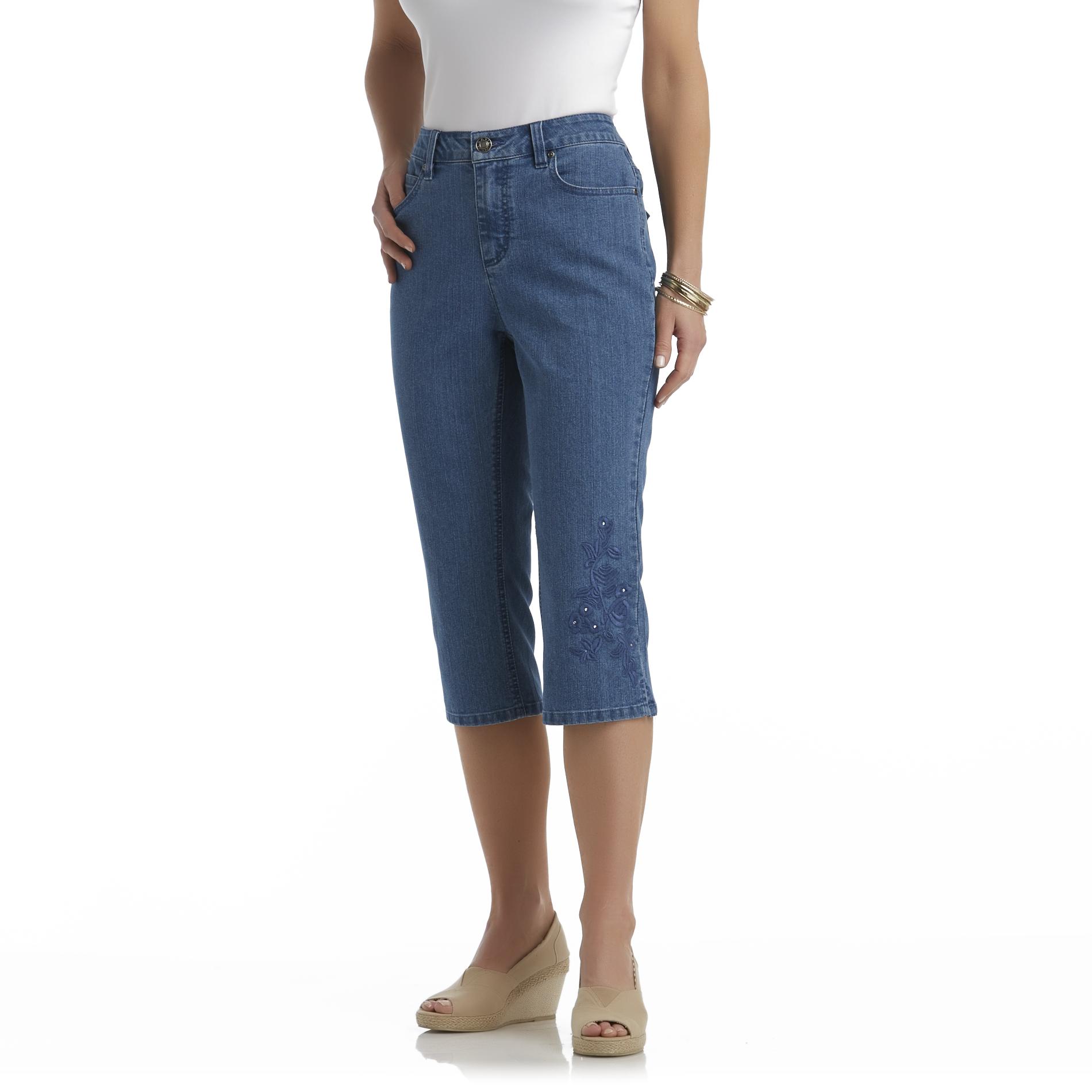 Basic Editions Women's Denim Capri Pants Embroidered
