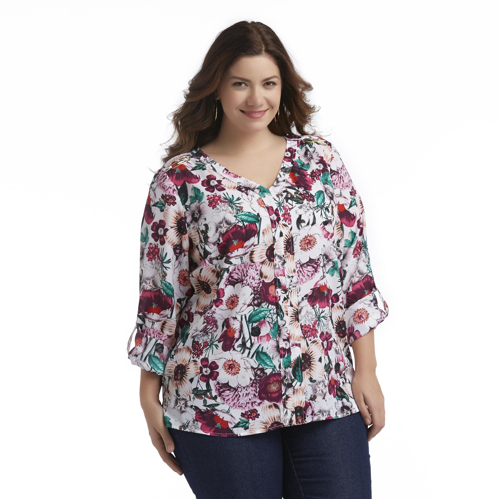 Jaclyn Smith Women's Plus Long-Sleeve V-Neck Top - Floral