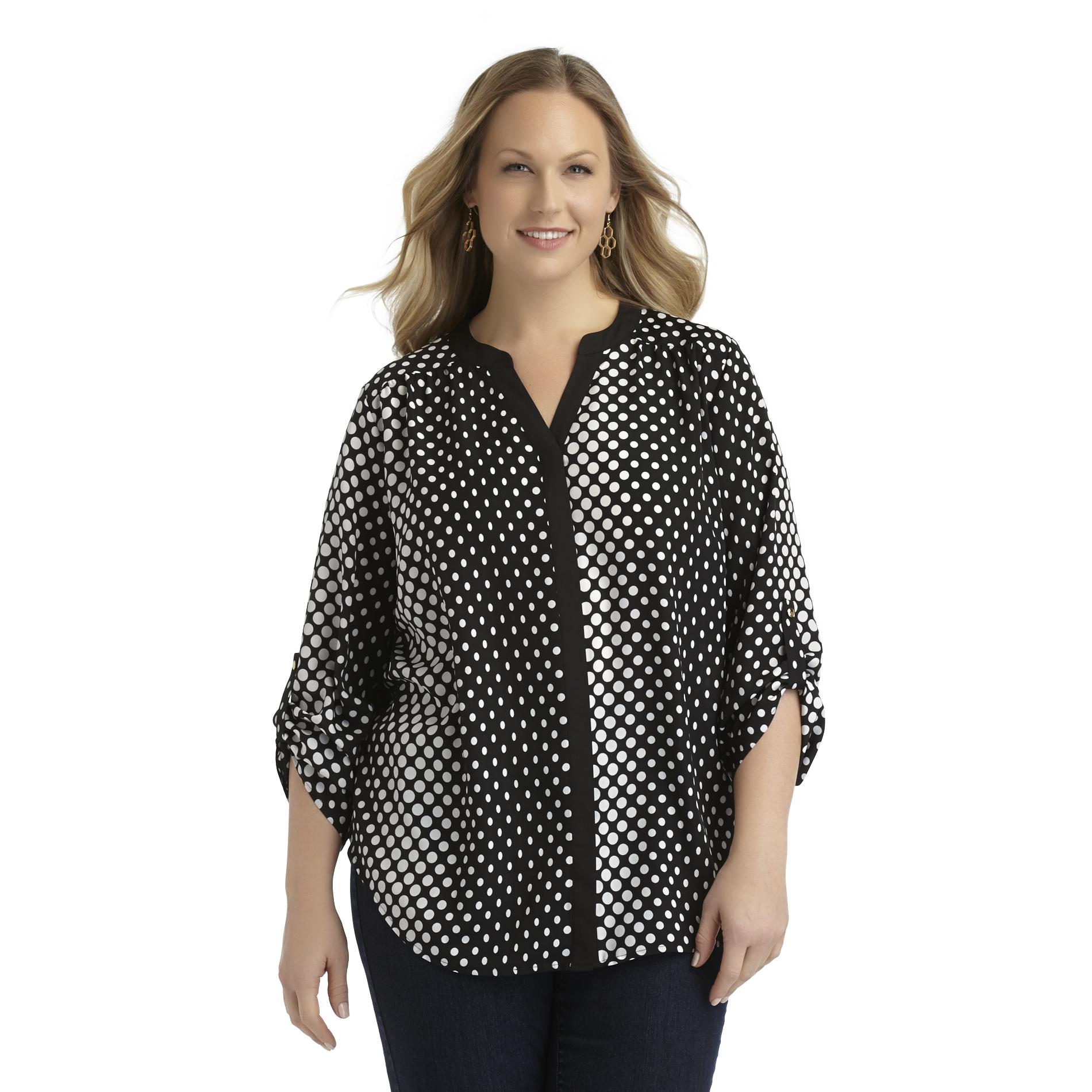 Beverly Drive Women's Plus Notched-Neck Top - Polka Dots